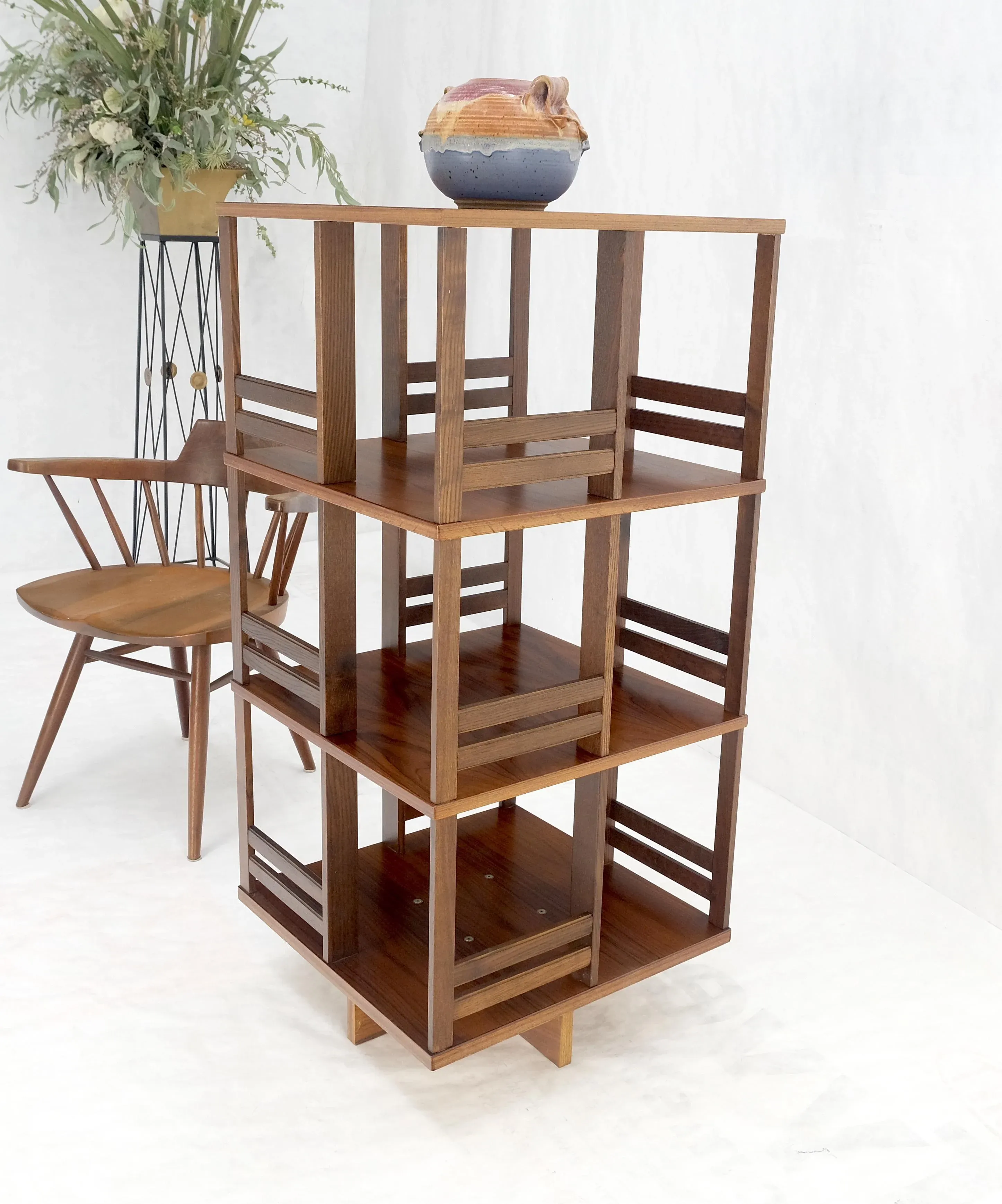 Danish Mid Century Modern Rosewood Square Revolving Bookcase Shelf
