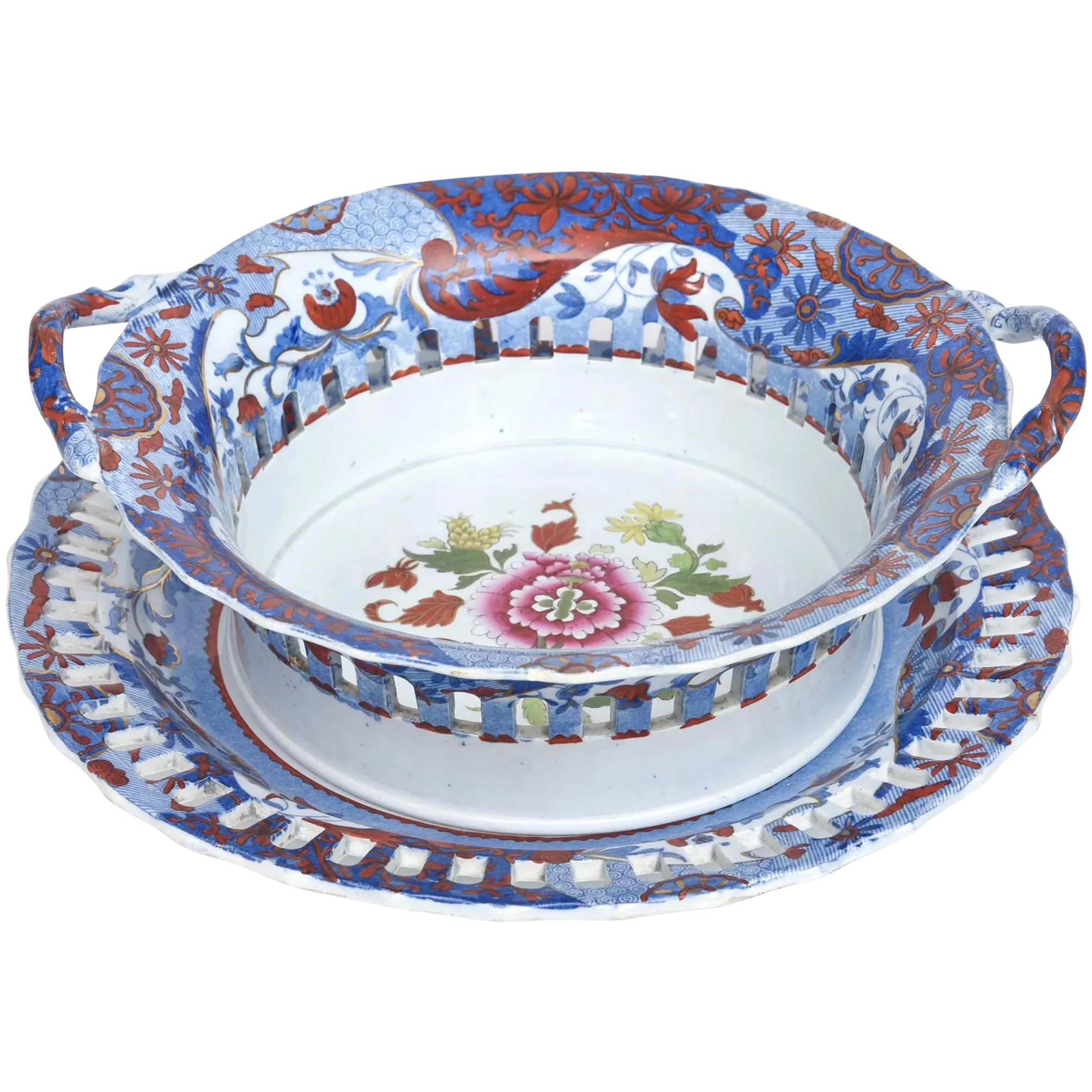 Antique English Chestnut Basket or Centerpiece and Underplate