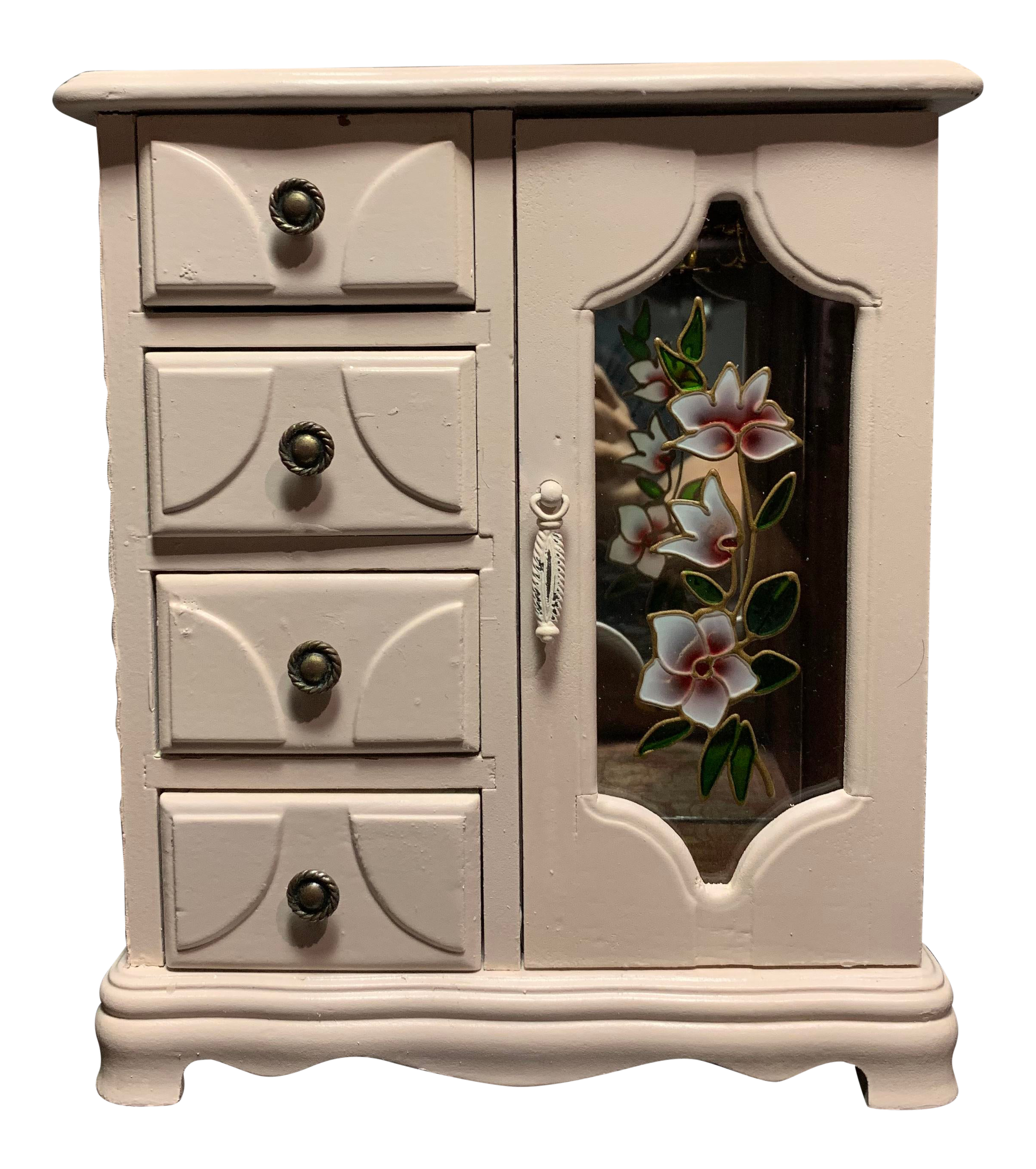 20th Century Shabby Chic Mele Wood Jewelry Chest With Glass Door