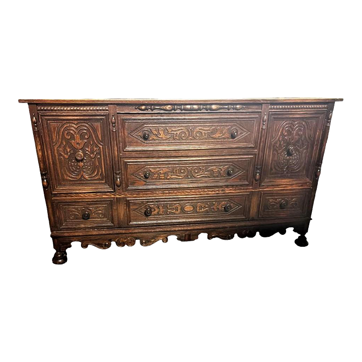 Antique Spanish Revival Oak Buffet or Credenza by J. L. Metz of Chicago