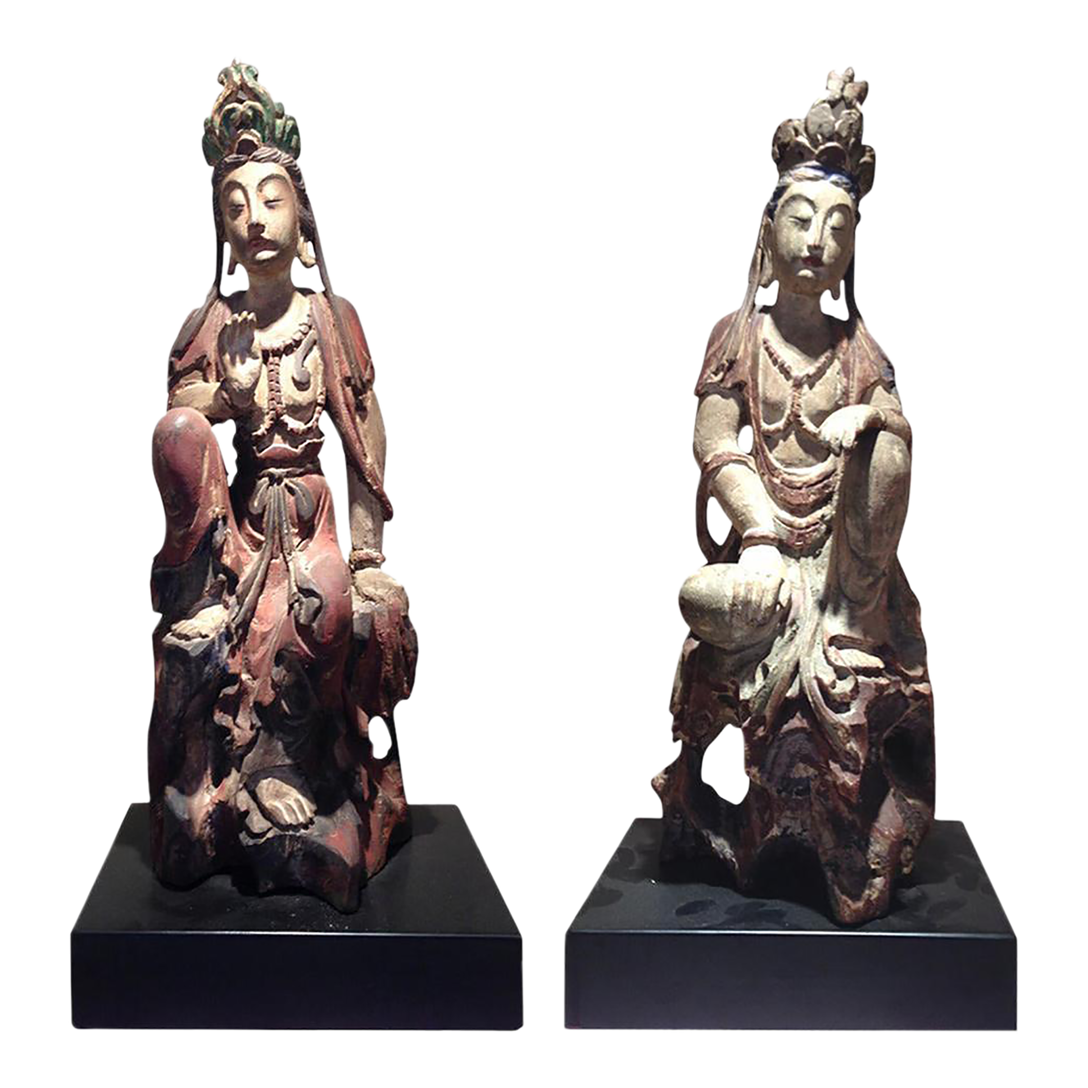 19th Century Pair of Chinese Wood Statues of Bodhisattva Buddhism Art