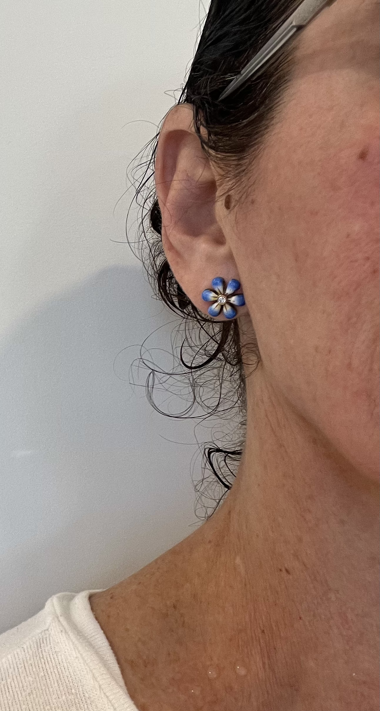 Blue Enamel Daisy Flower Diamond Gold Earrings by Sandra J