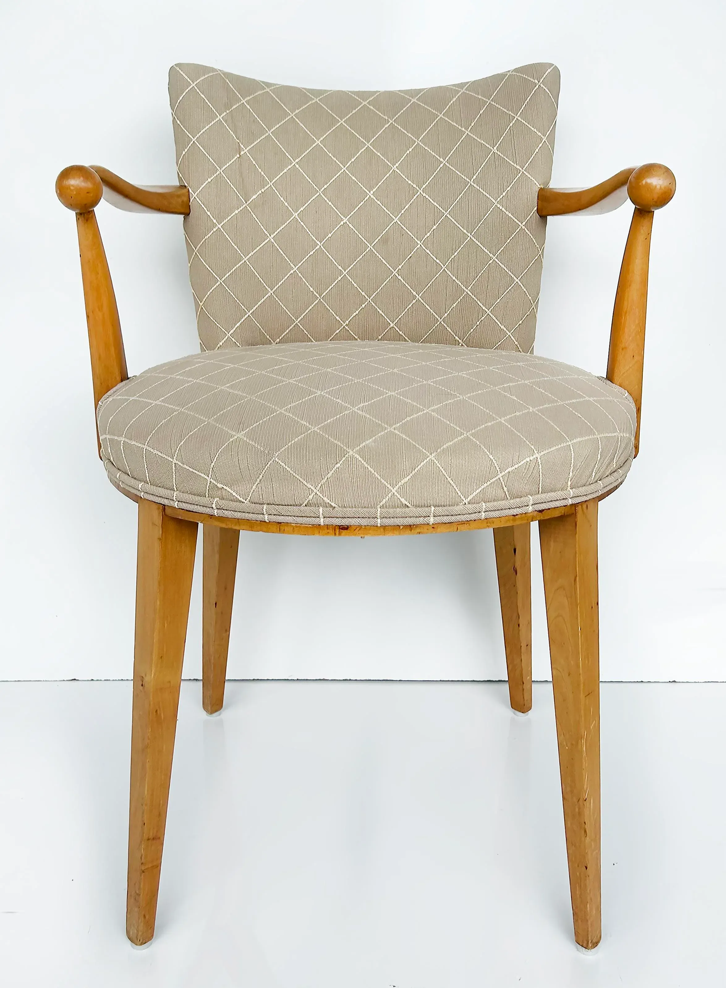 Mid 20th Century Sycamore Wood Upholstered Vanity or Desk Chair With Stylized Wood Arms and Legs