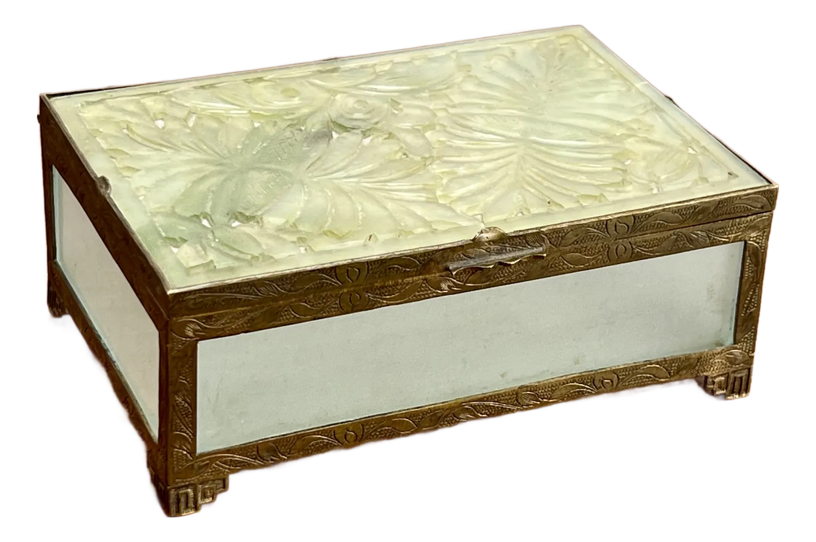 Early 20th Century Antique Chinese Brass Bound Jade and Frosted Glass Dresser Box
