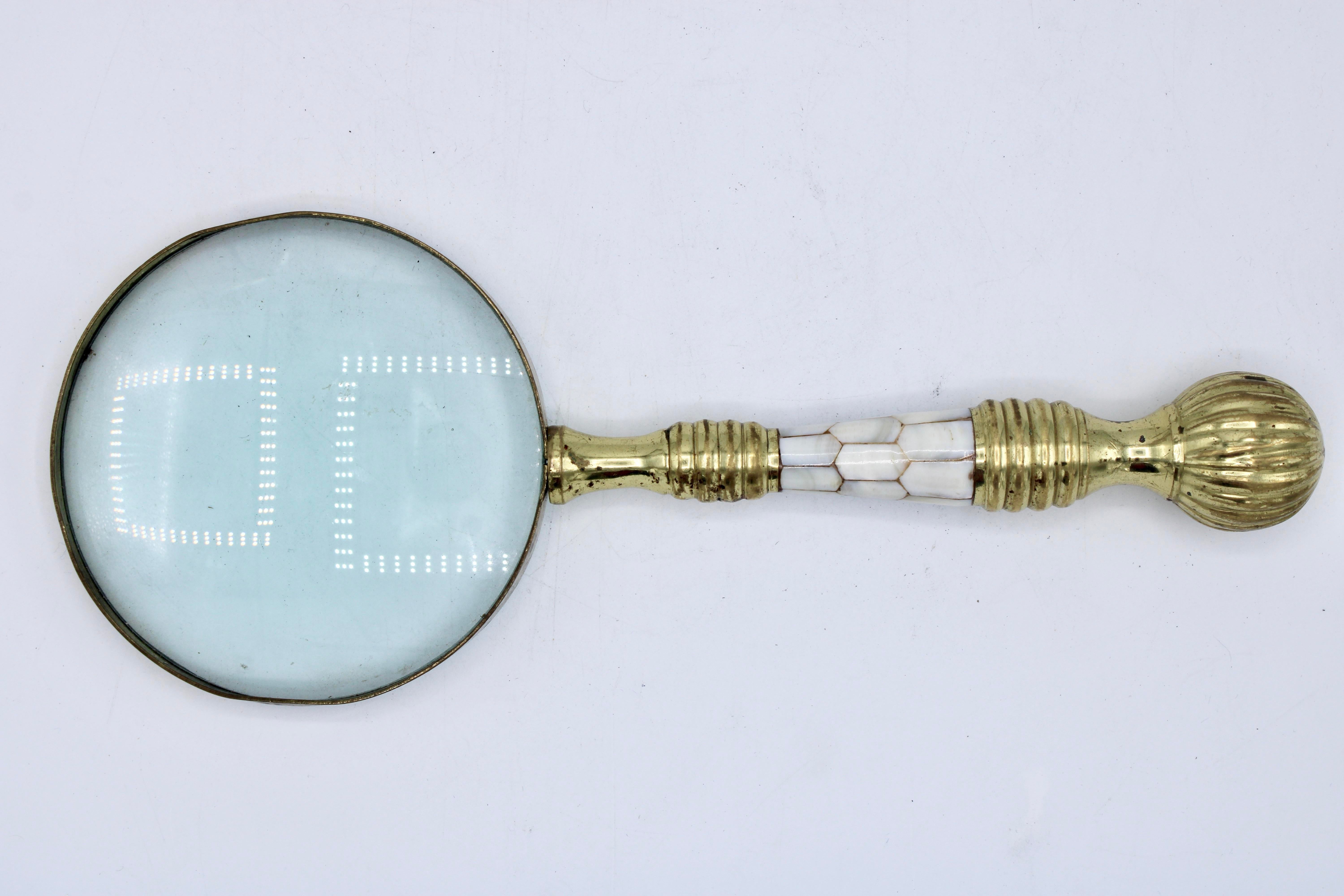 1940s Vintage Art Deco Brass Mother of Pearl Magnifying Glass