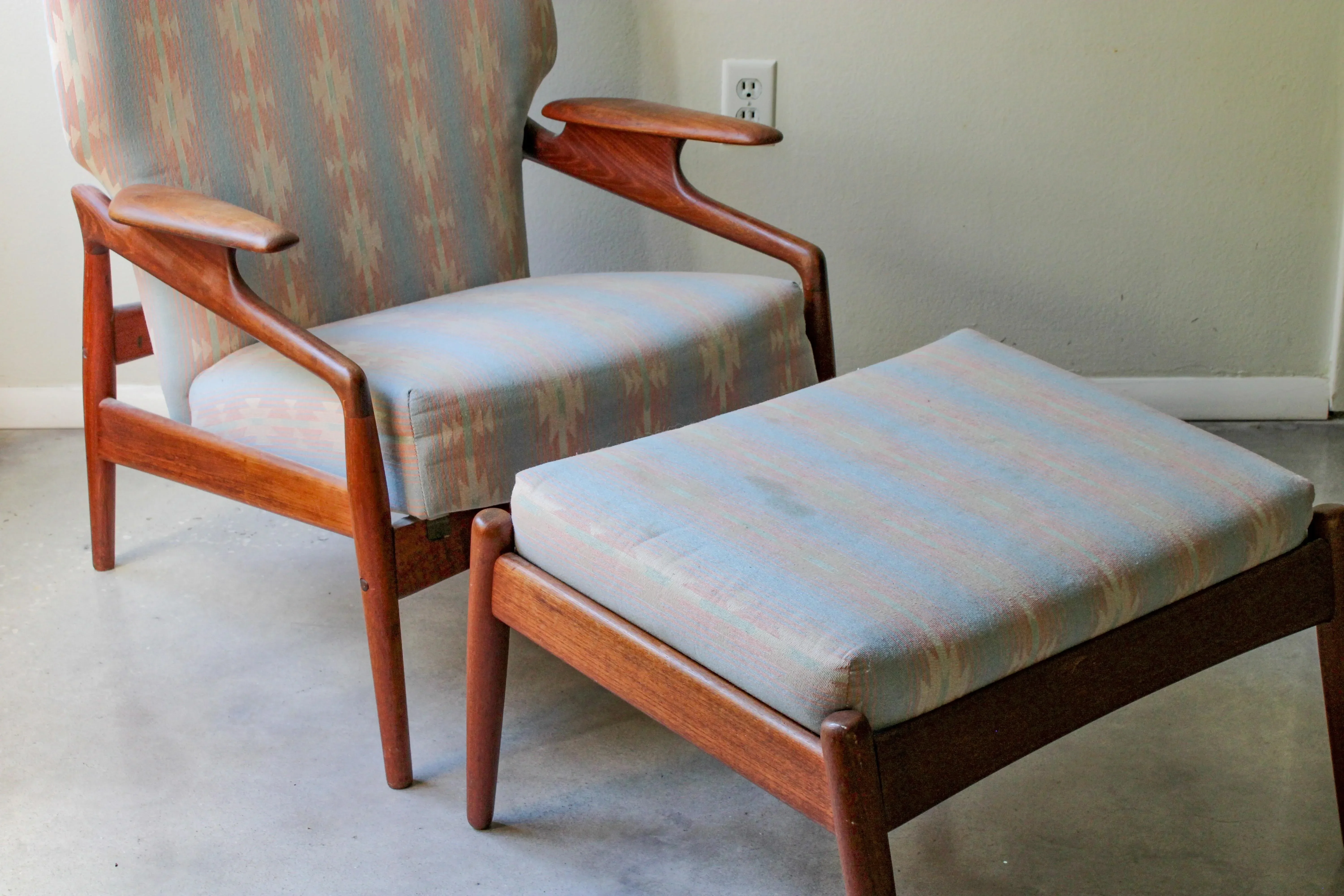 Vintage Danish Modern MCM Teak Lounge Reclining Chair and Ottoman