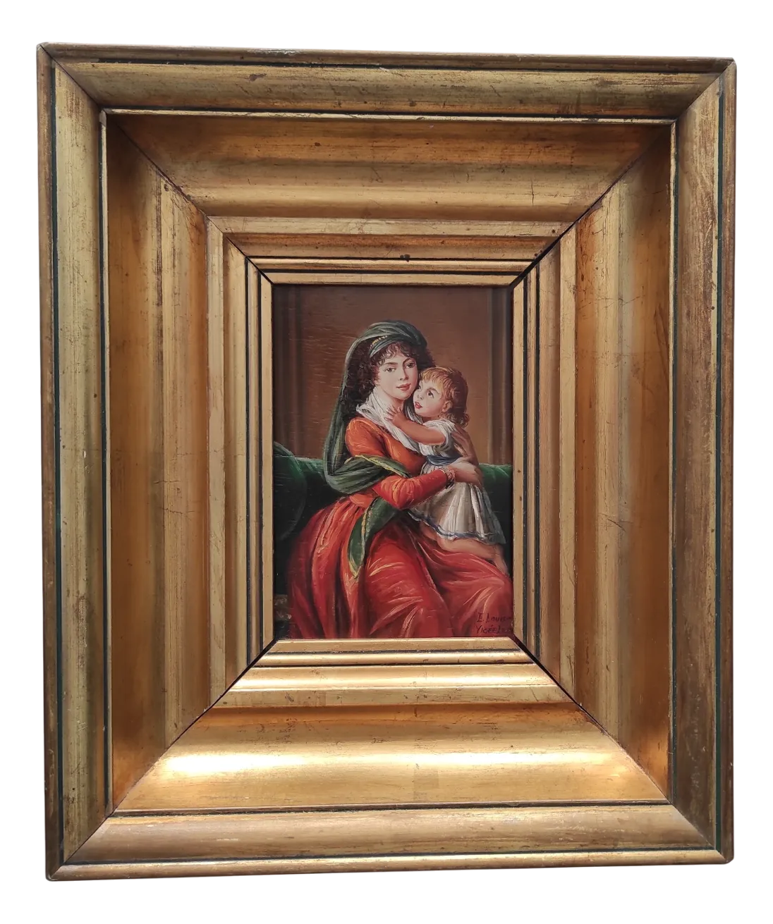 After Vigée-Lebrun, Miniature Portrait of Élisabeth Vigée-Lebrun and Her Daughter, 1800s, Oil Painting, Framed