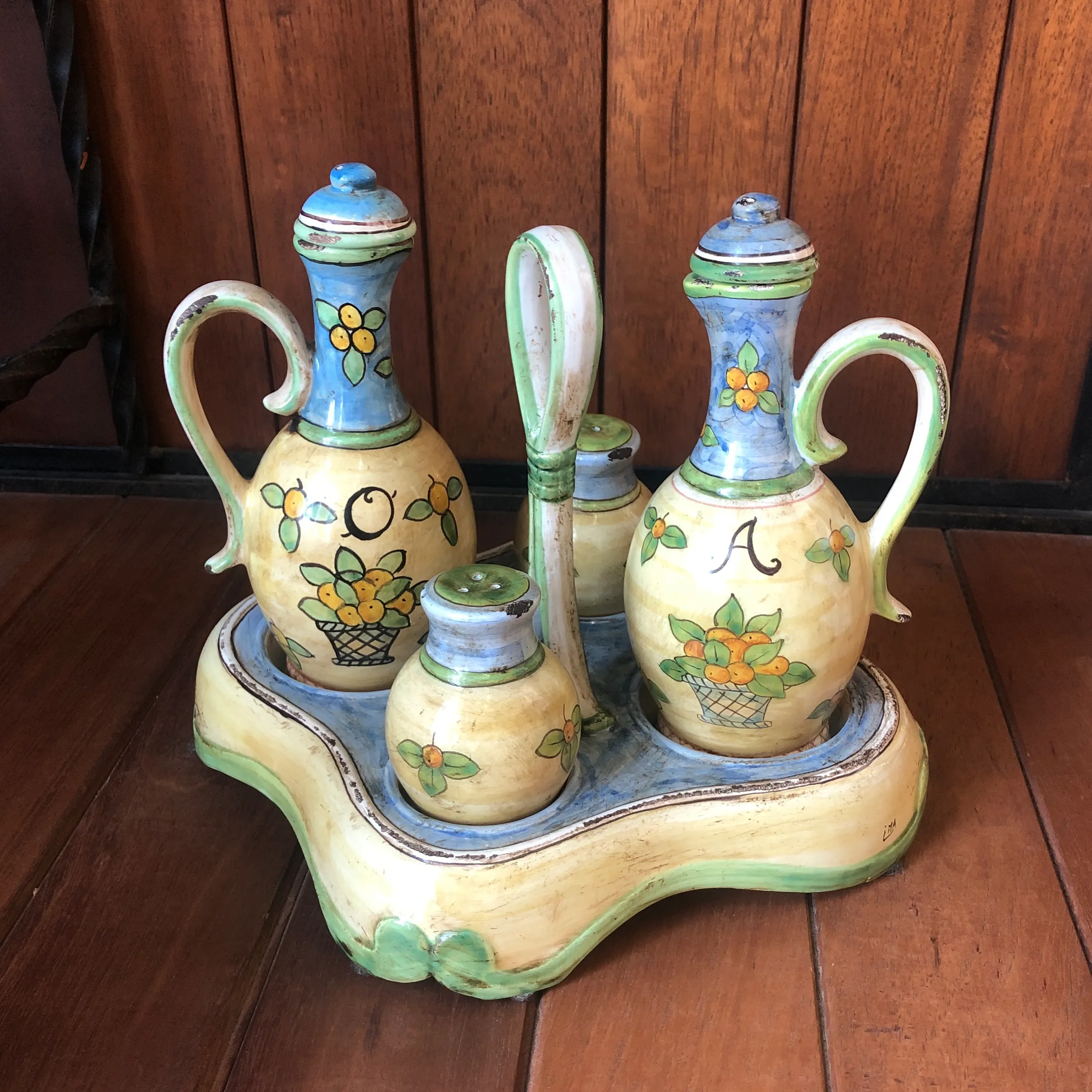 1990s Italian Hand Painted Ceramic Oil, Vinegar, Salt and Pepper Cestino