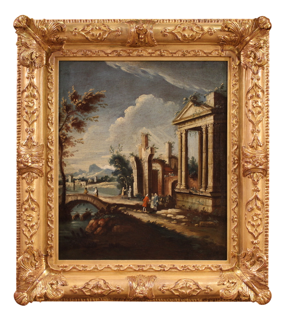 The Guest Room – Colorful Interior Oil Painting With Vintage Chair & Floral DetailVenetian School Artist, Architectural Capriccio with Figures, 1760, Oil on Canvas, Framed