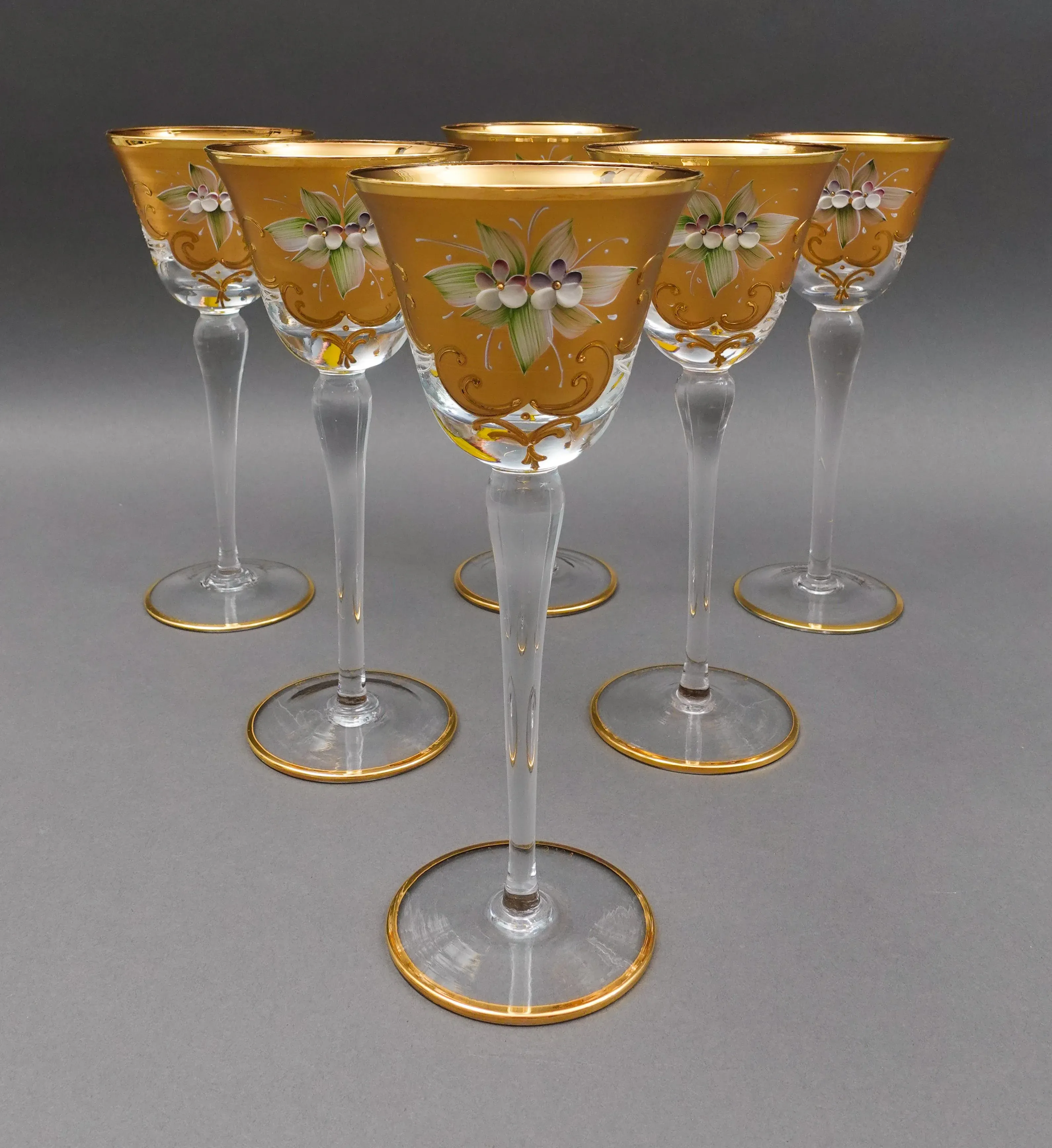 Vintage Murano Venezia Italian Hand Painted Floral Gold Gilt Scroll Wine  Glasses- Set of 6