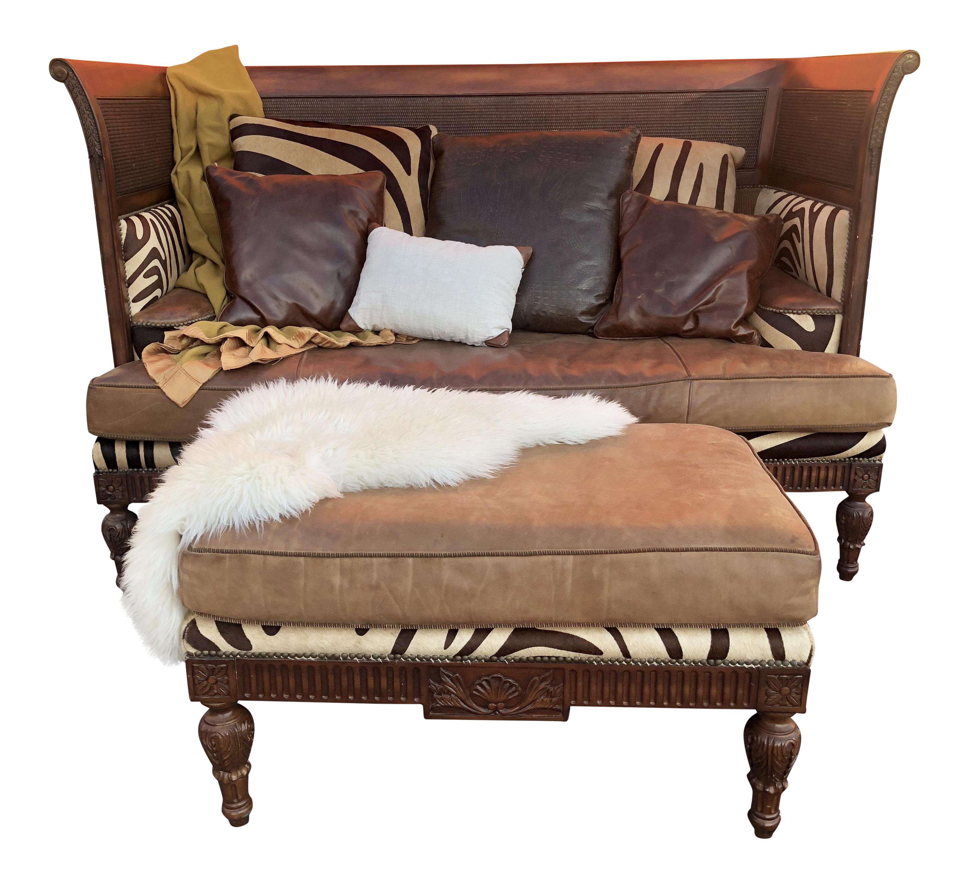 Maitland Smith Mahogany Leather And Zebra Print Sofa And Ottoman