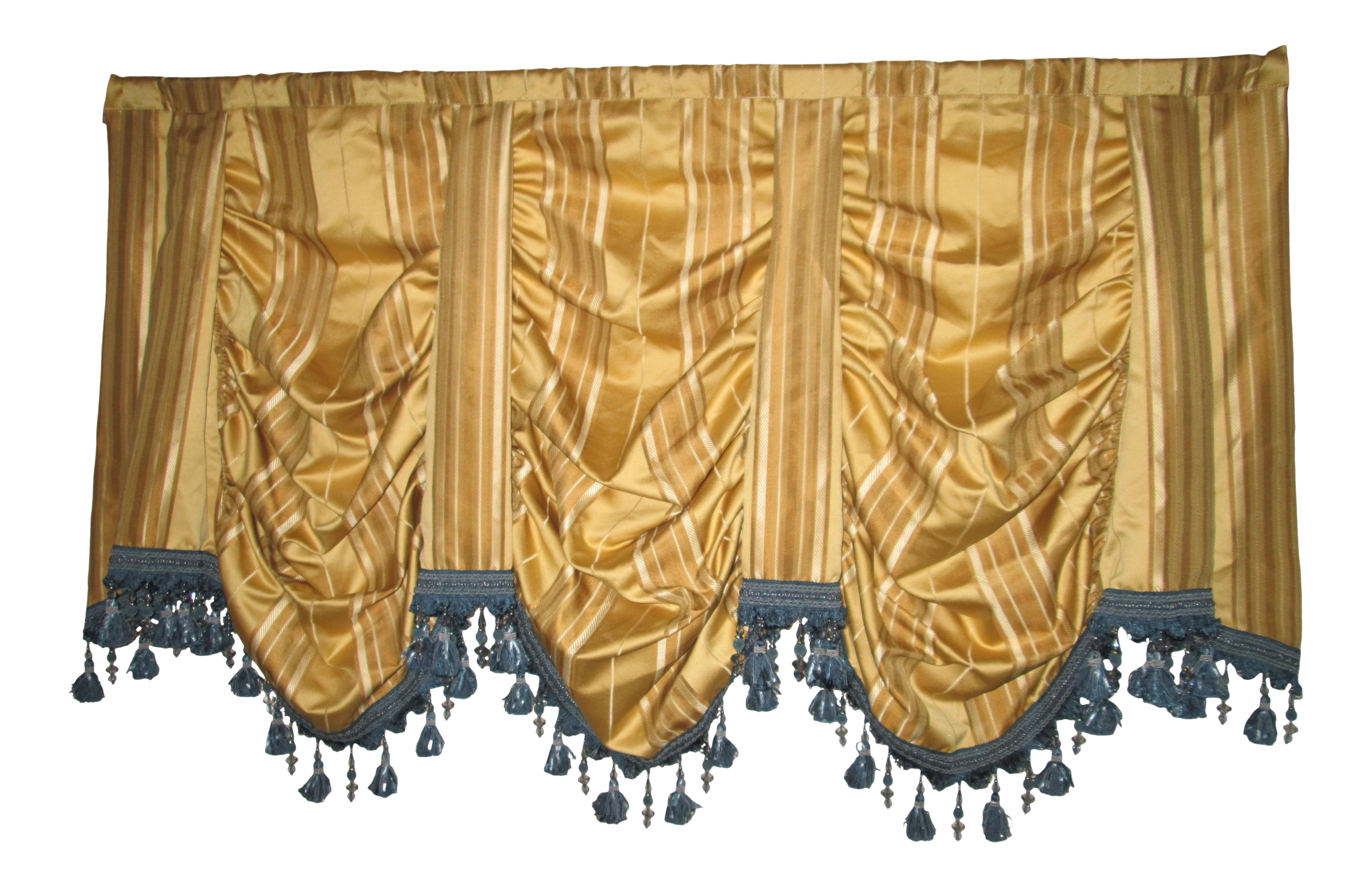 Custom Gold And Blue Waterfall Valance Bead And Tassel Trim Drapes