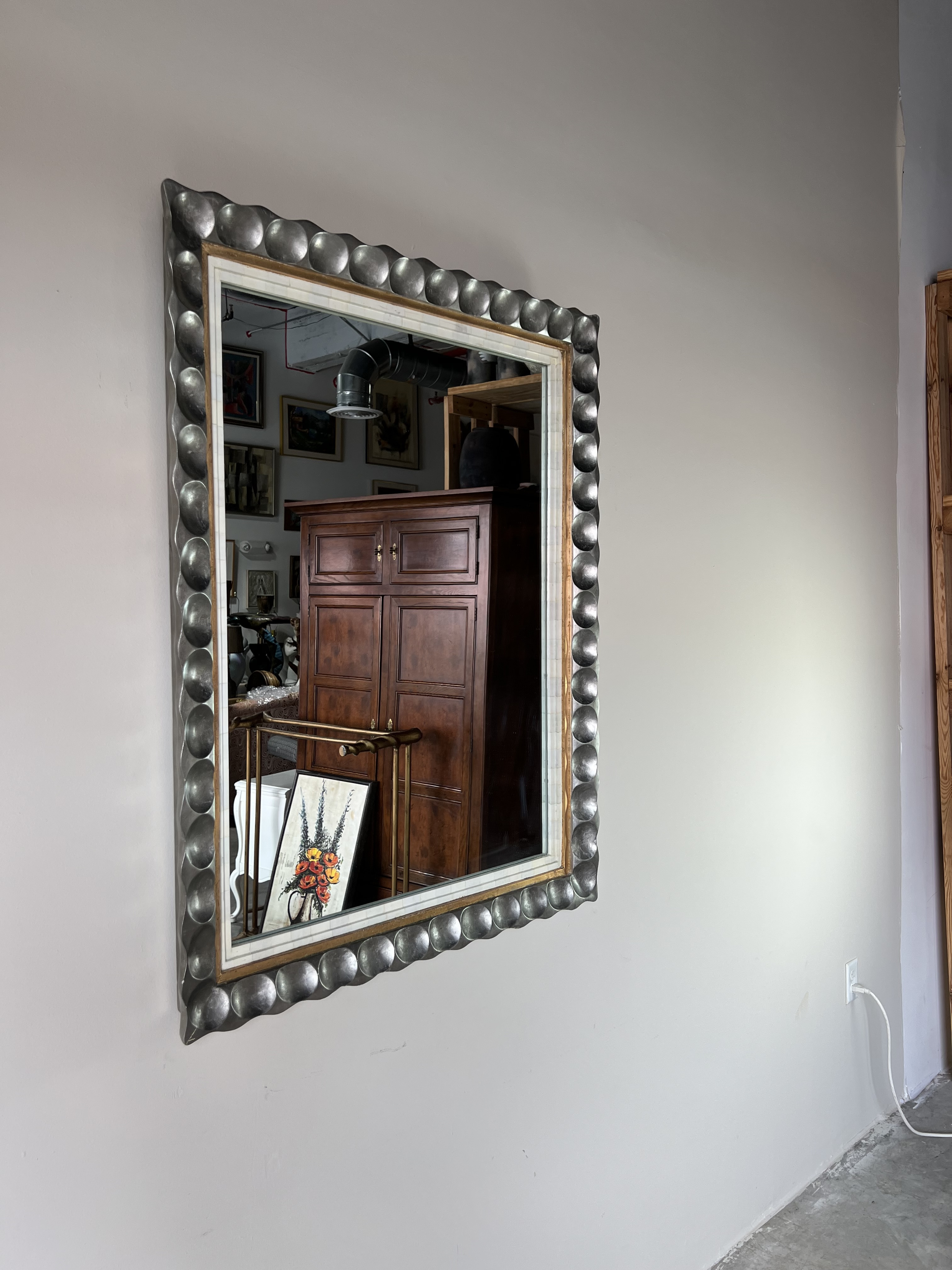 Hollywood Regency Style Carved Wood Silver Wall Mirror