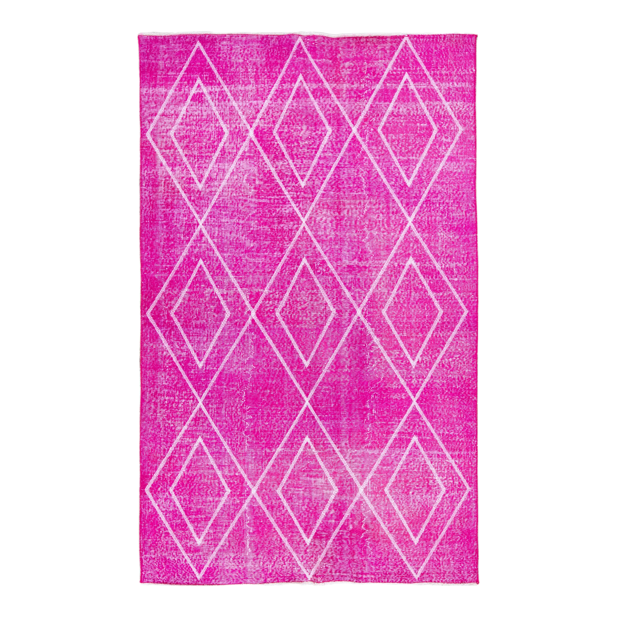 Pink Modern Turkish Handmade Tribal Pattern Wool Rug