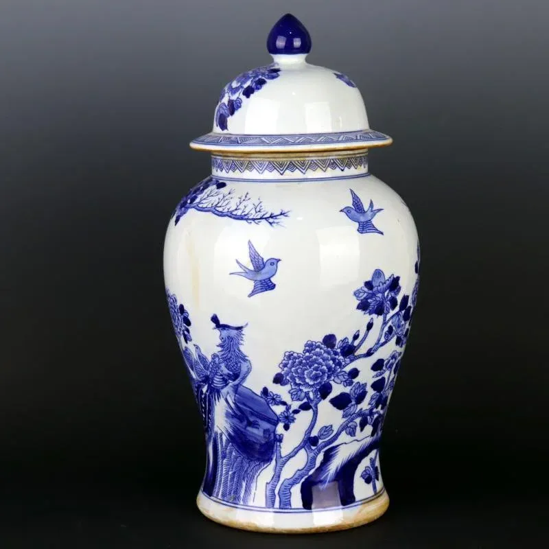 Antique Chinese Ceramic Pot Qing Dynasty Kangxi Marked Blue and White Porcelain Ginger Jar Hand Painted Flowers and Birds Pattern