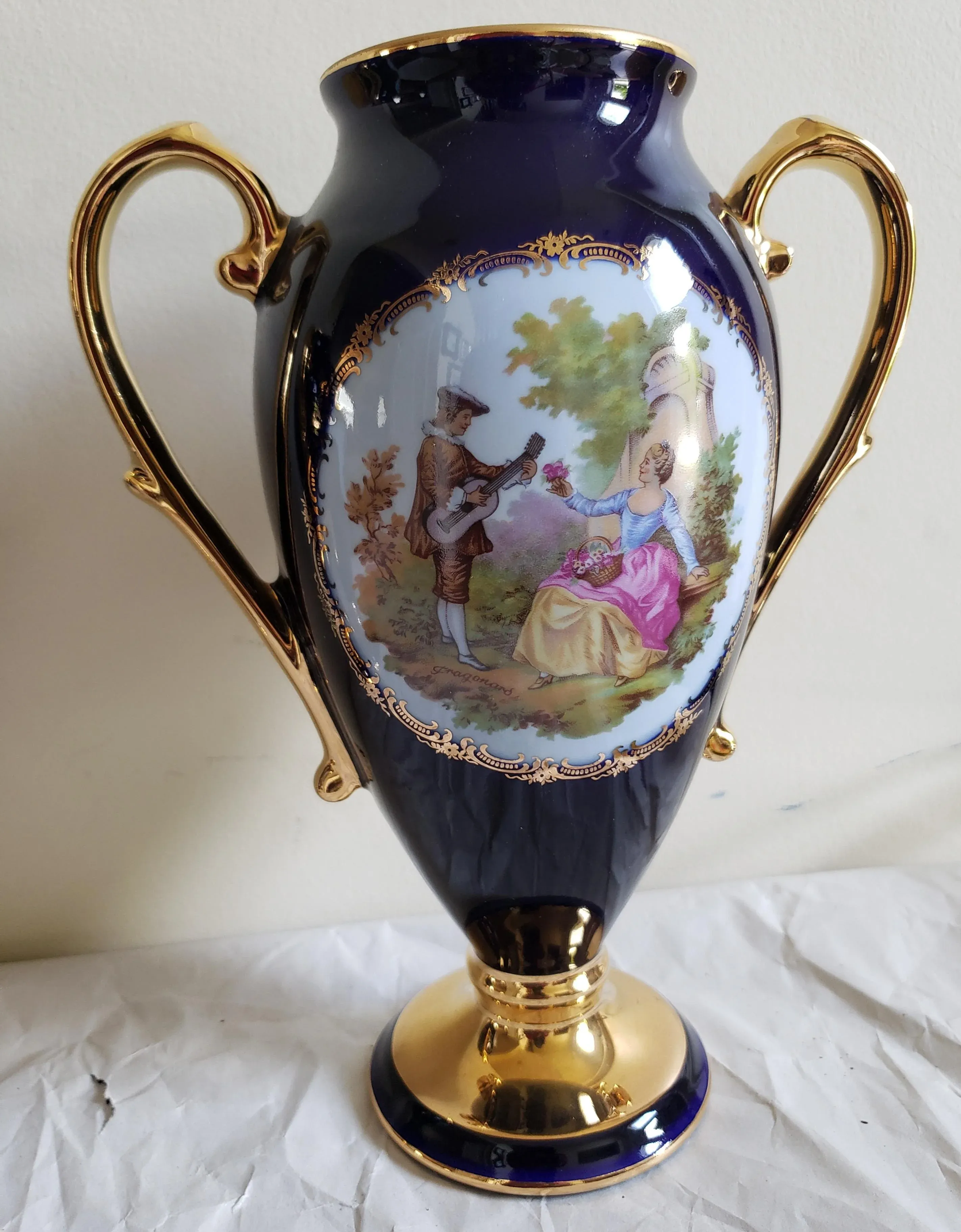 Pair of Limoges Castel 22k Gold Decorated Cobalt Porcelain Two