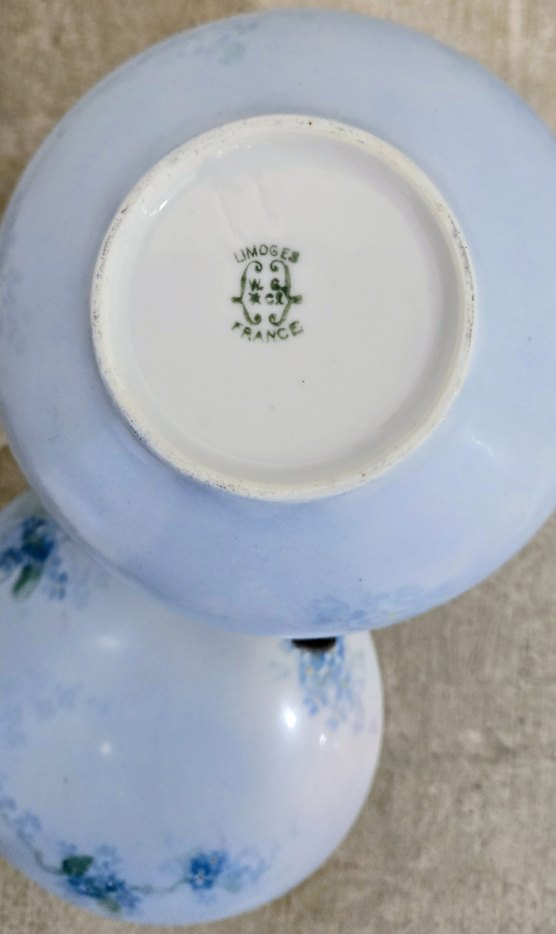 Antique William Guérin Limoges Pale Blue Forget‑Me‑Not Trinket Box W/Stand