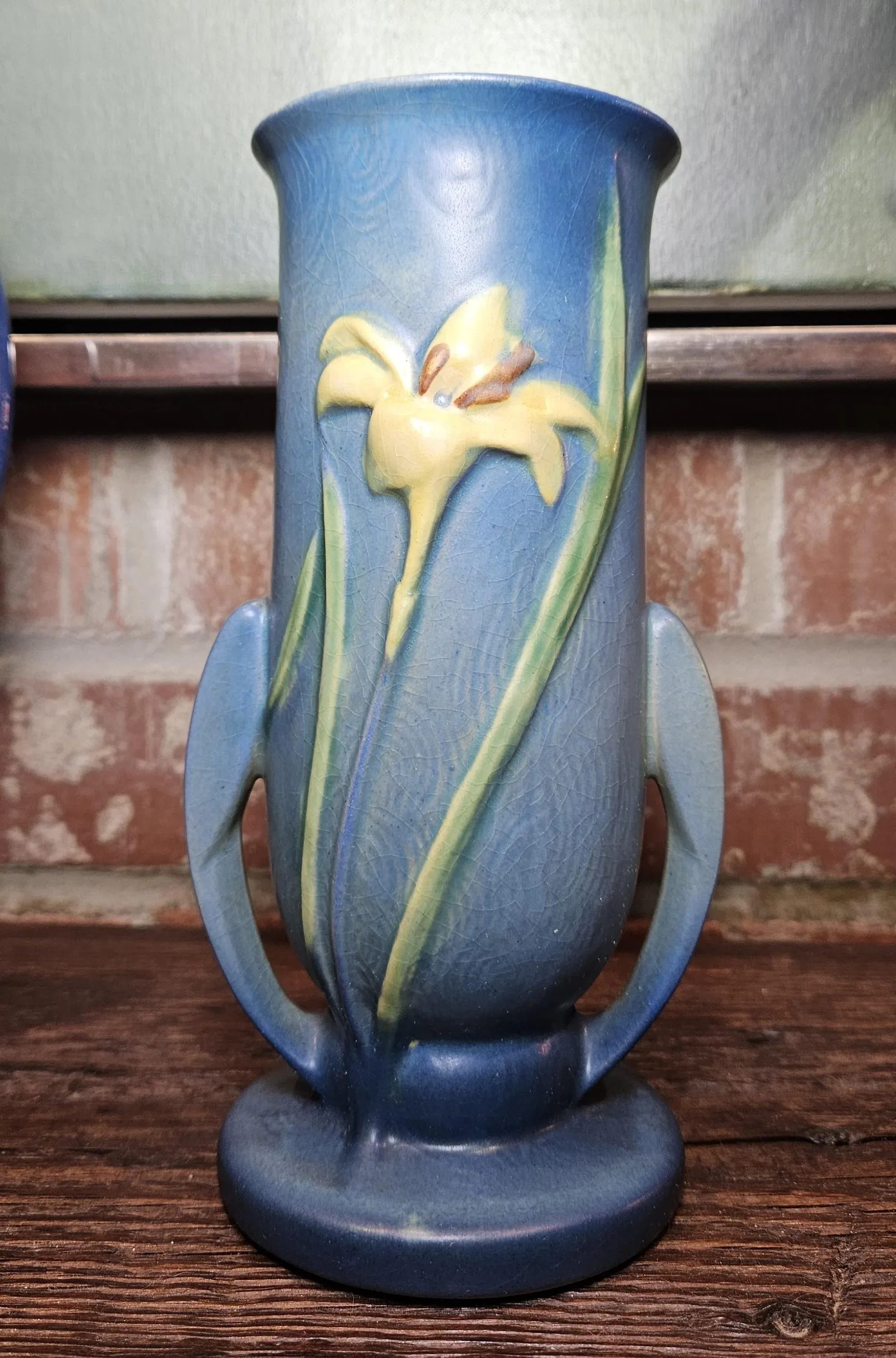 1940s Roseville Bermuda Blue “Zephyr Lily”, Double Handled Vase