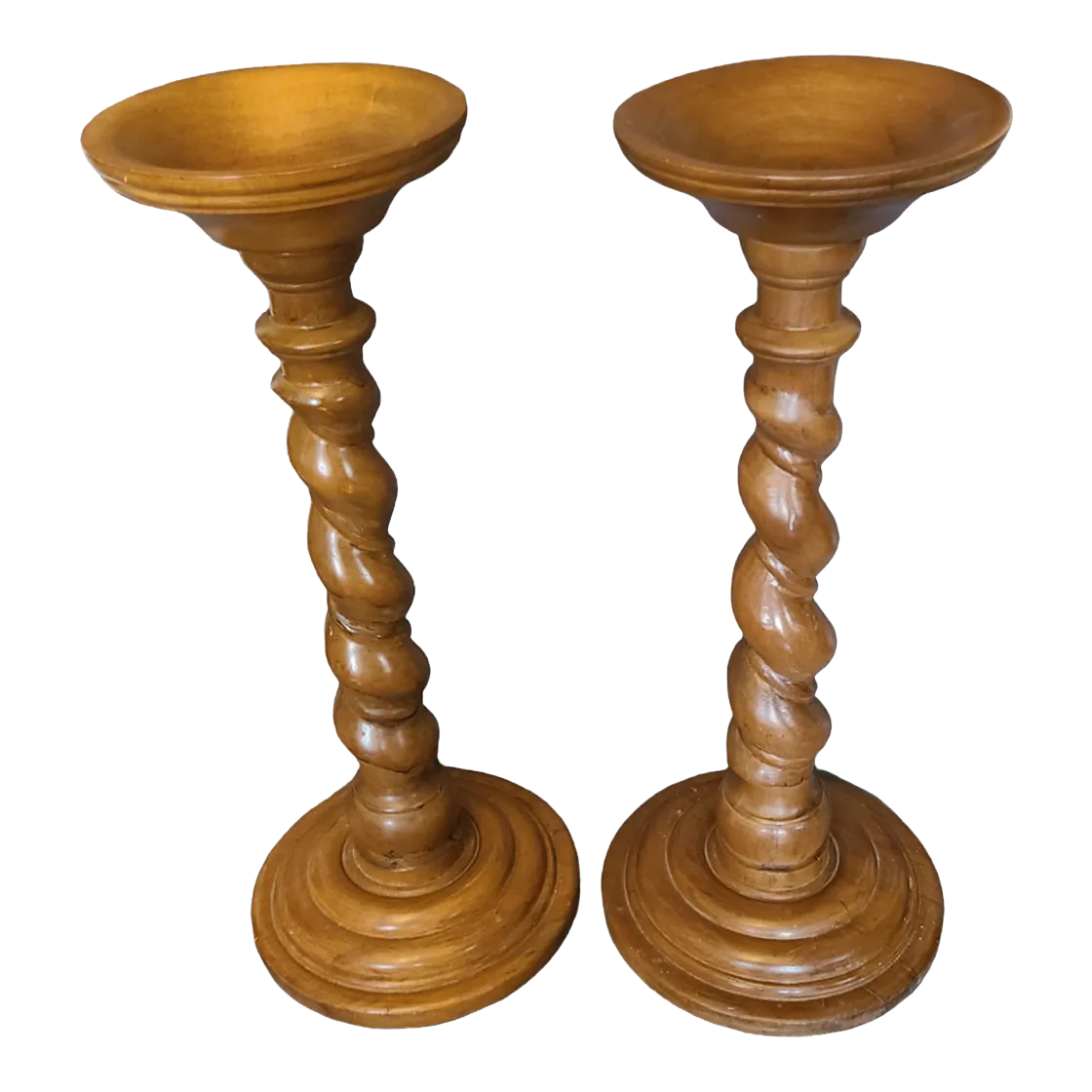 Antique Pair Wood Barley Twist Pedestal Plant Candle Stands