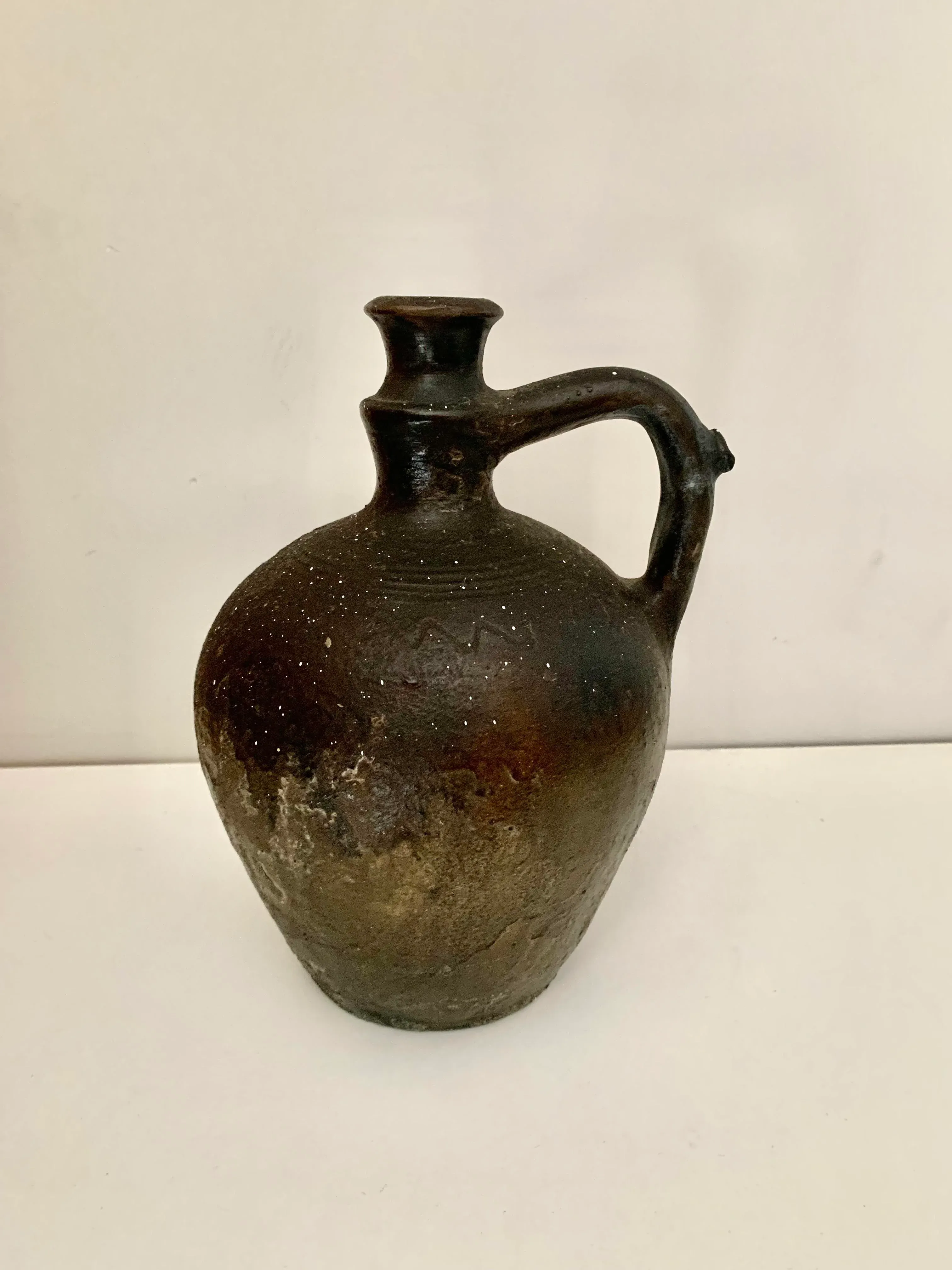 Rustic Antique Farmhouse Black Ceramic European Water / Wine Pitcher -Cca 1920\'s