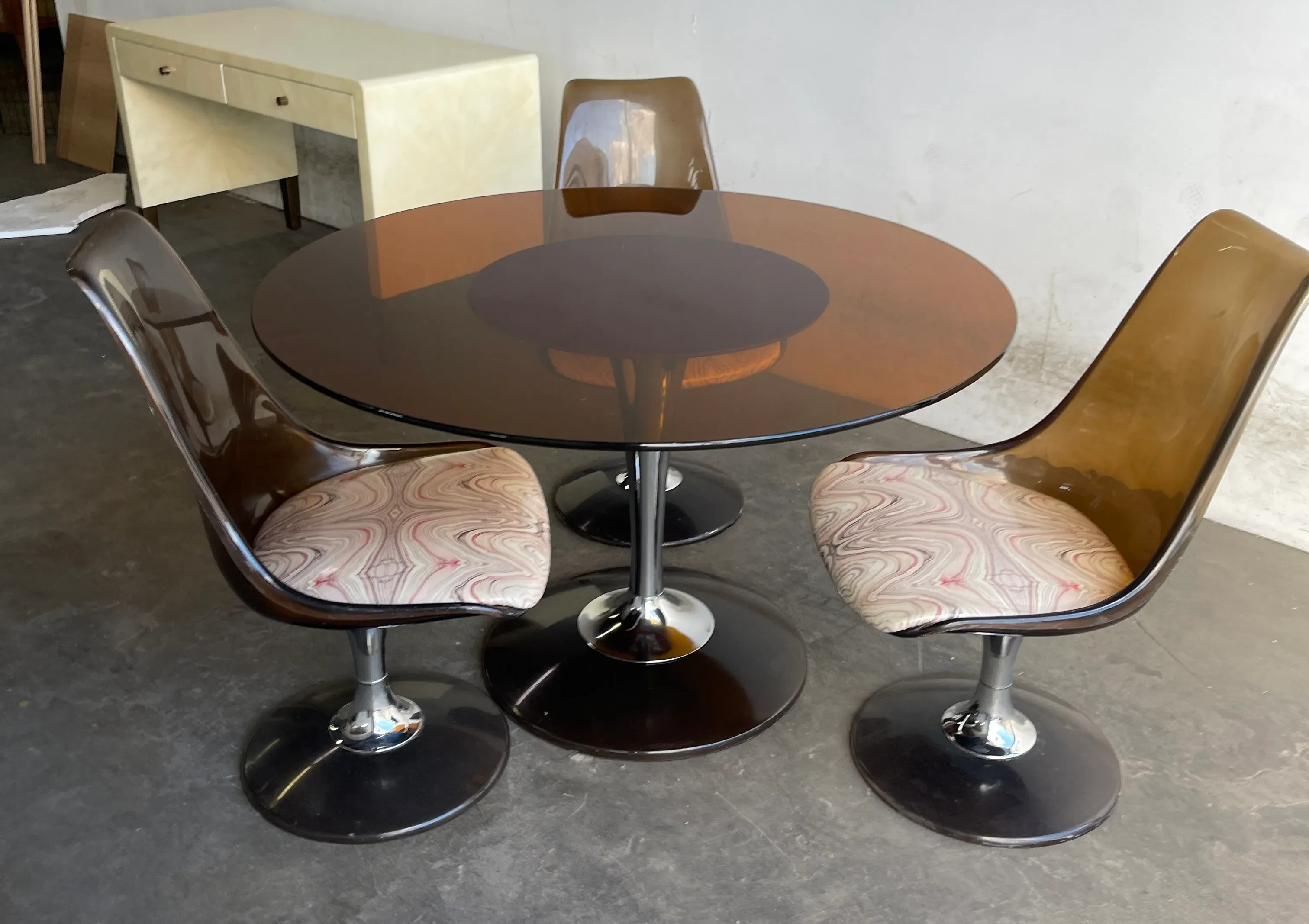 Vintage Mid Century Chromcraft Tulip Amber Glass Dining Table 3 Lucite Chairs
