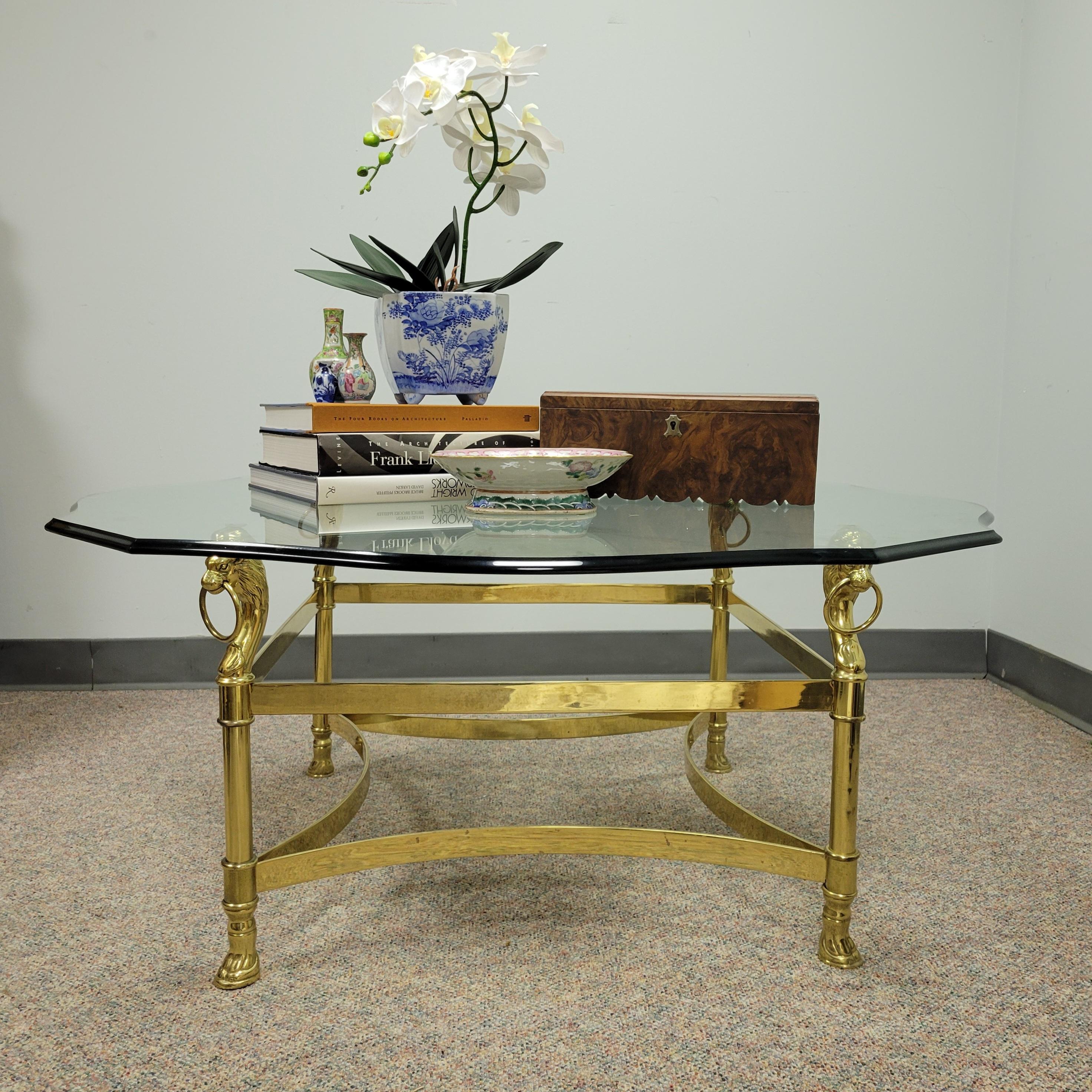 アンティークlion Glass Top Coffee Table Labarge Lion's Head Brass and Beveled Glass Top Coffee Table