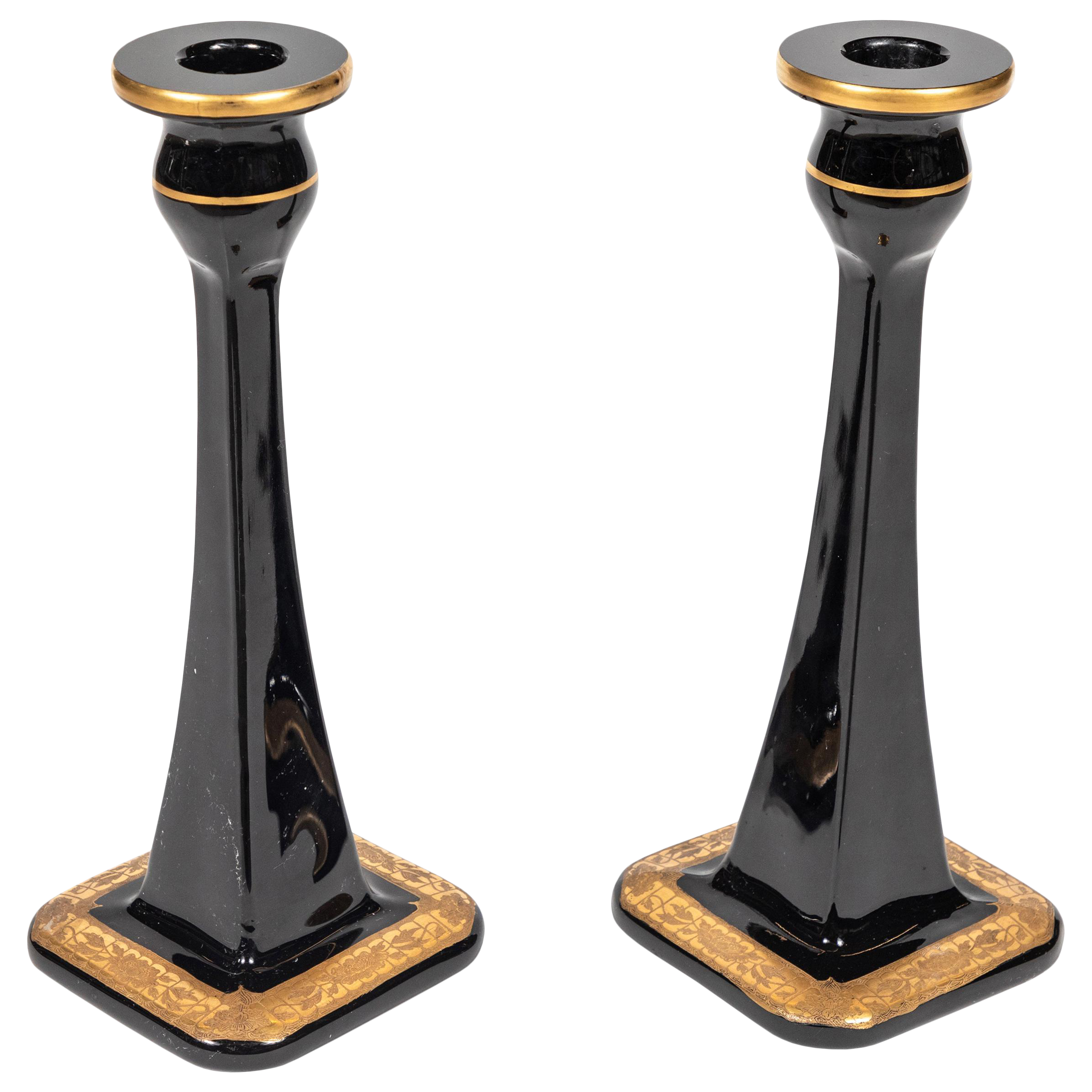 19th Century Black Glass Candlesticks With Gold Floral Decoration