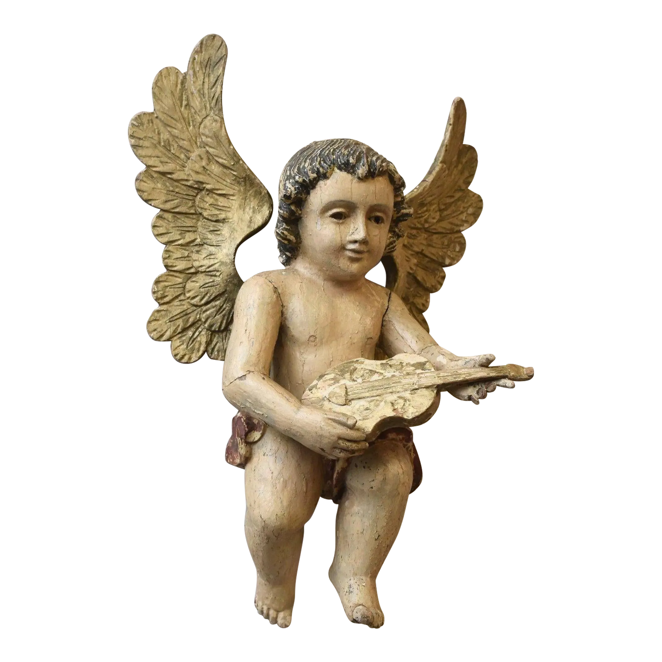 Antique Polychrome Carved Wood Cherub Wall Sculpture, Circa Late 19th Century