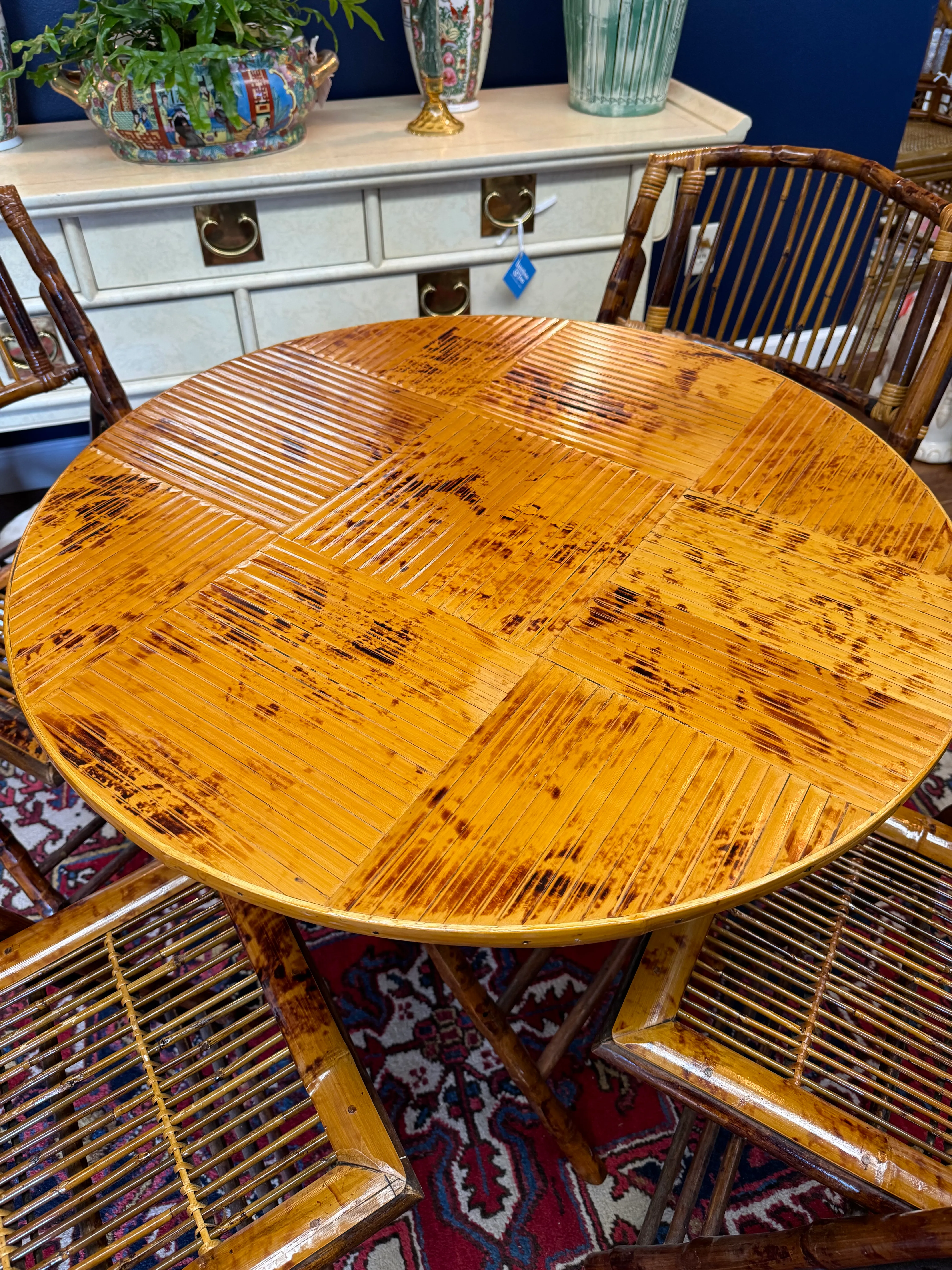 1980s Vintage Burnt Bamboo Folding Table and Chairs, a Set of 5