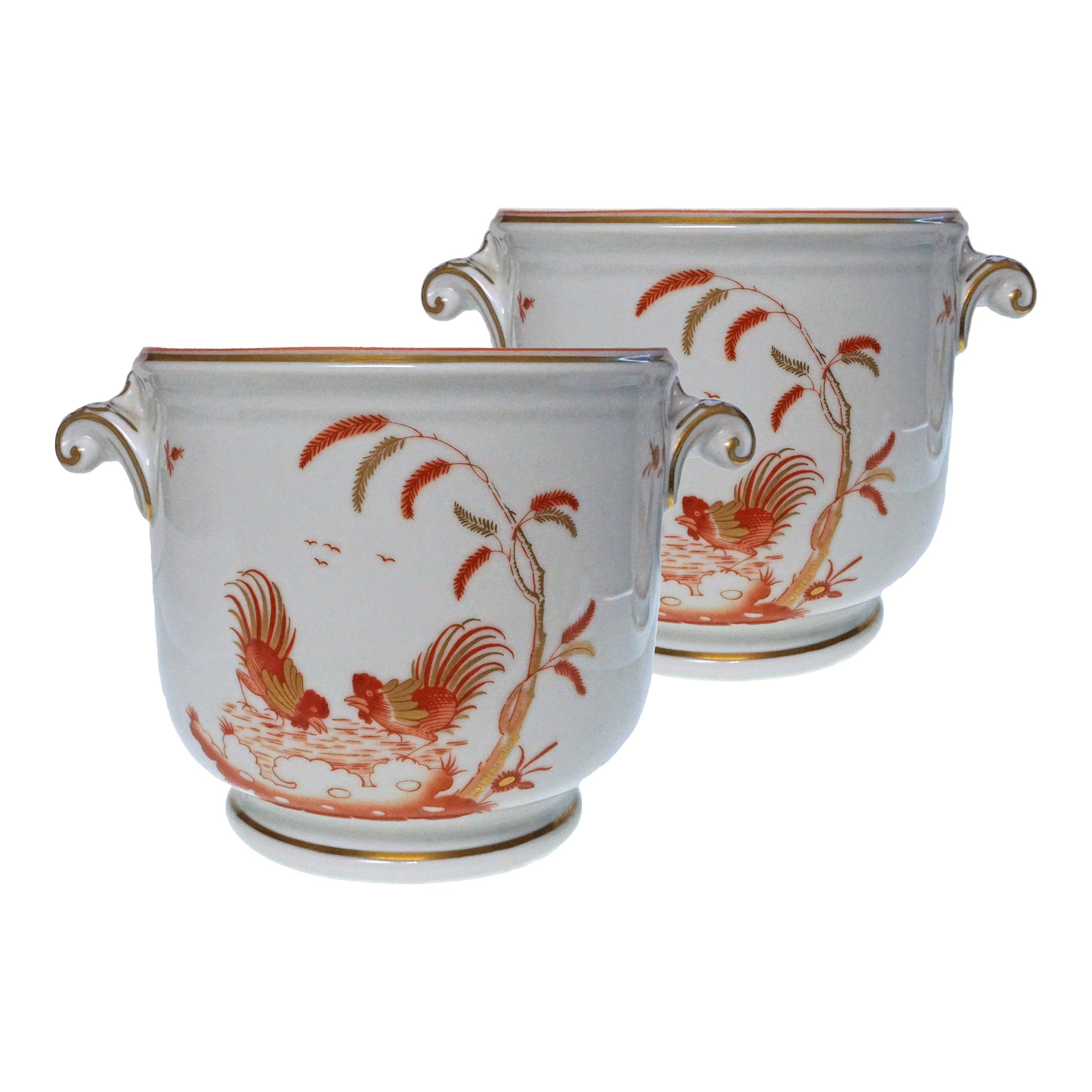 Ginori Cachepot Red Rooster Siena Rust Pattern Orange & Gold - A Pair