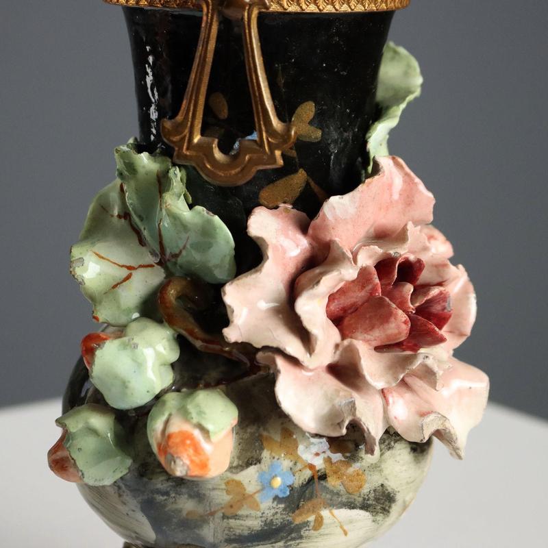 Barbotine Ceramic and Bronze Vases, Set of 2