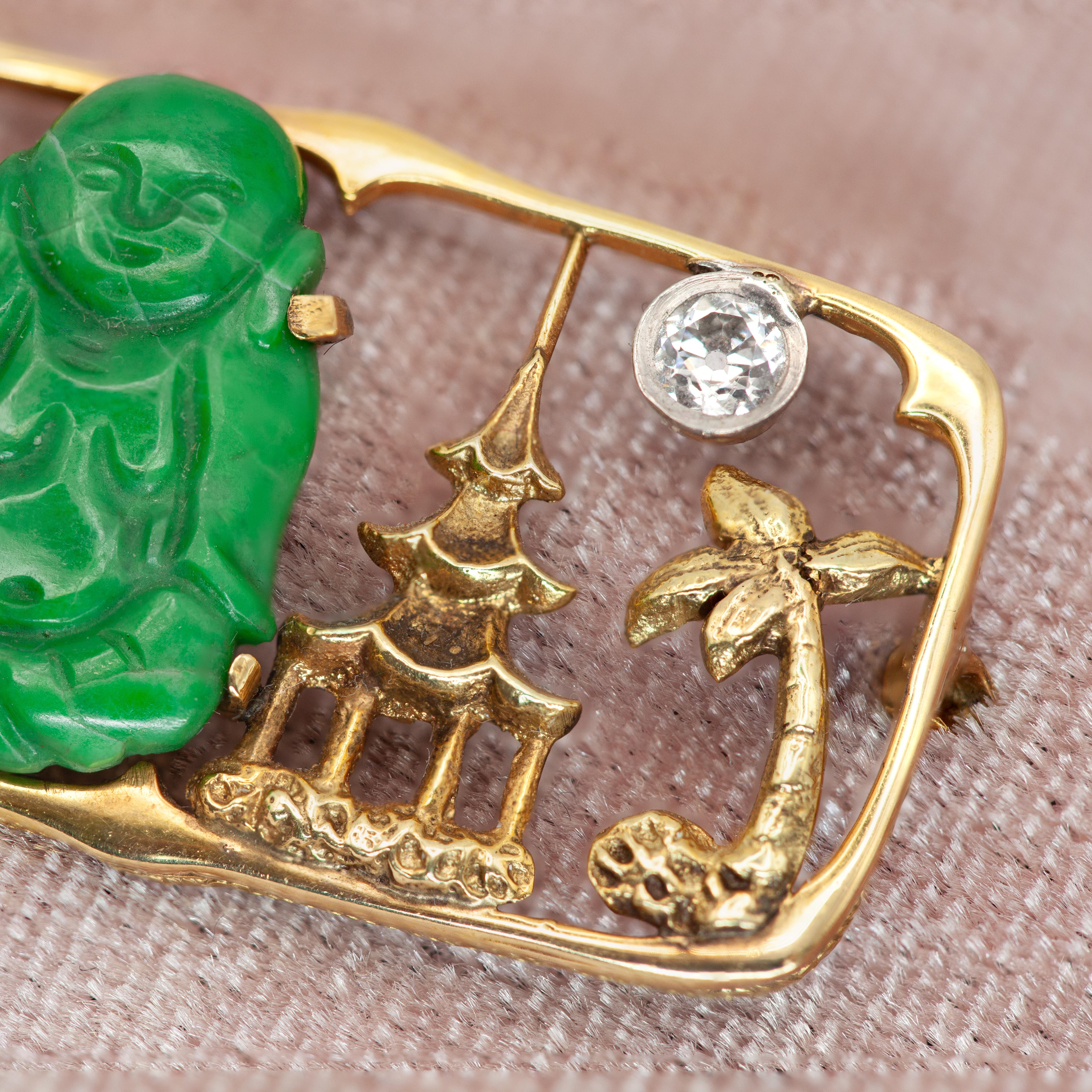 1930s Krementz Co Art Deco 14k Yg Diamond Jadeite Buddha Brooch