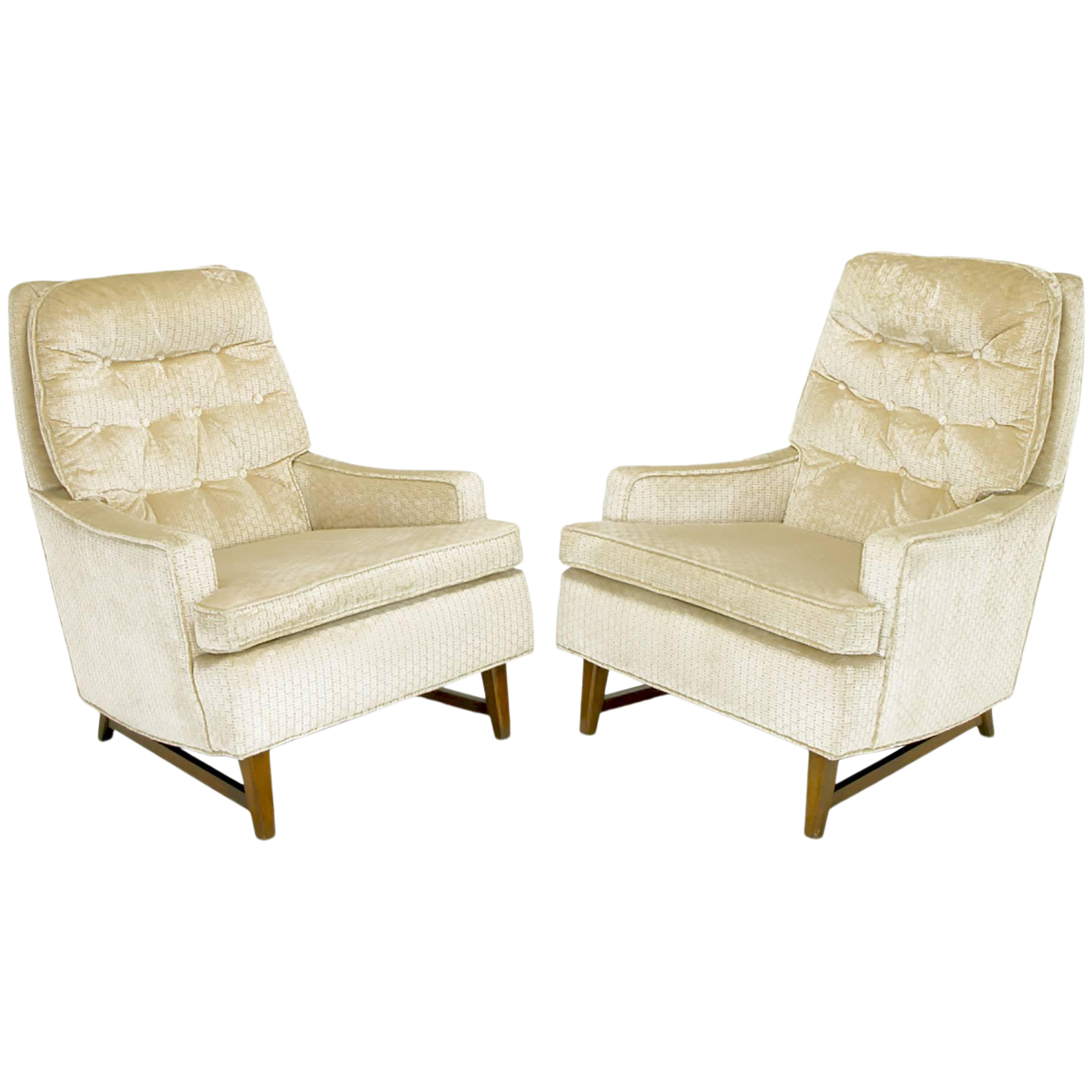 1960s High Back Ivory Cut Velvet Lounge Chairs After Harvey Probber a