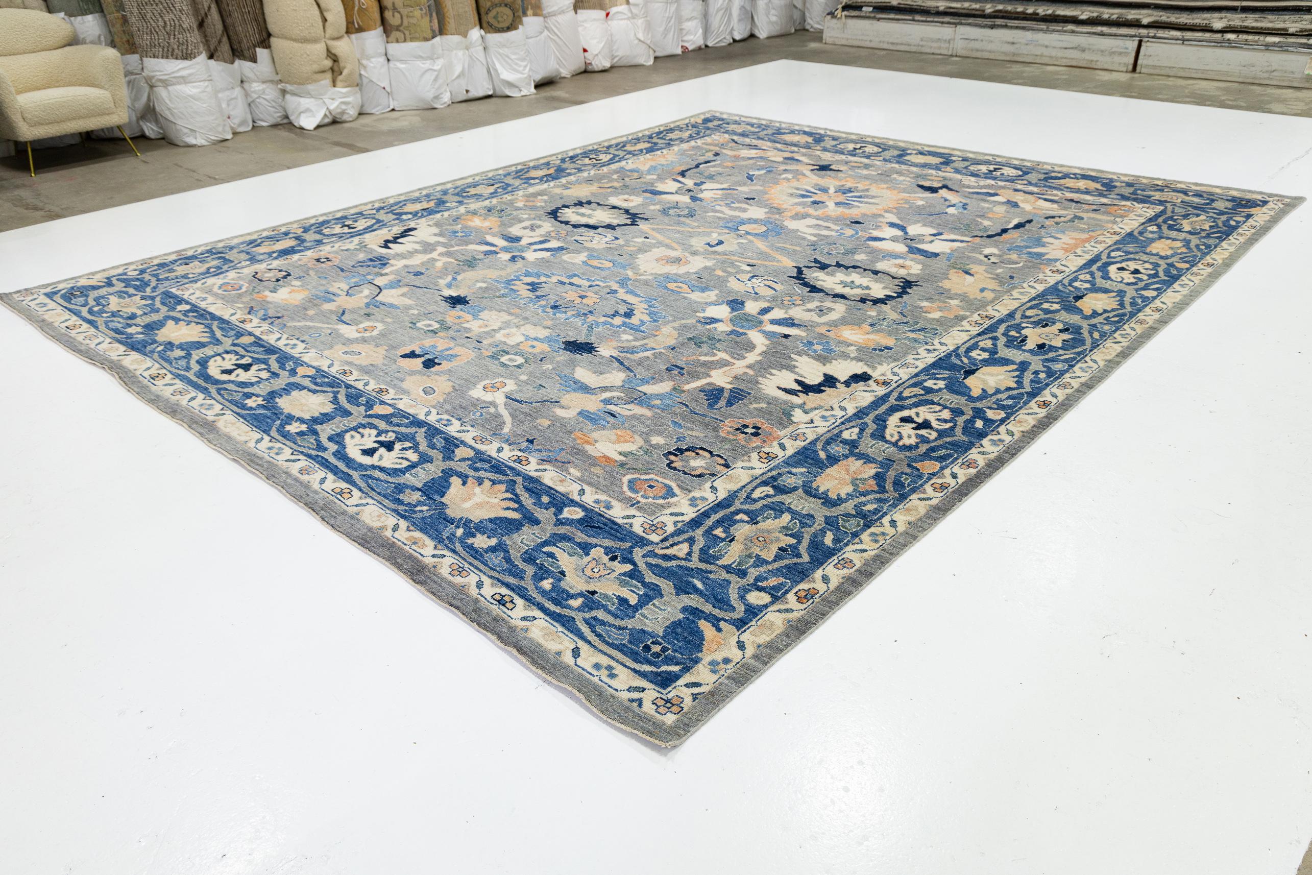 12x15 Modern Floral Oushak Style Wool Area Rug in Muted Slate Blue