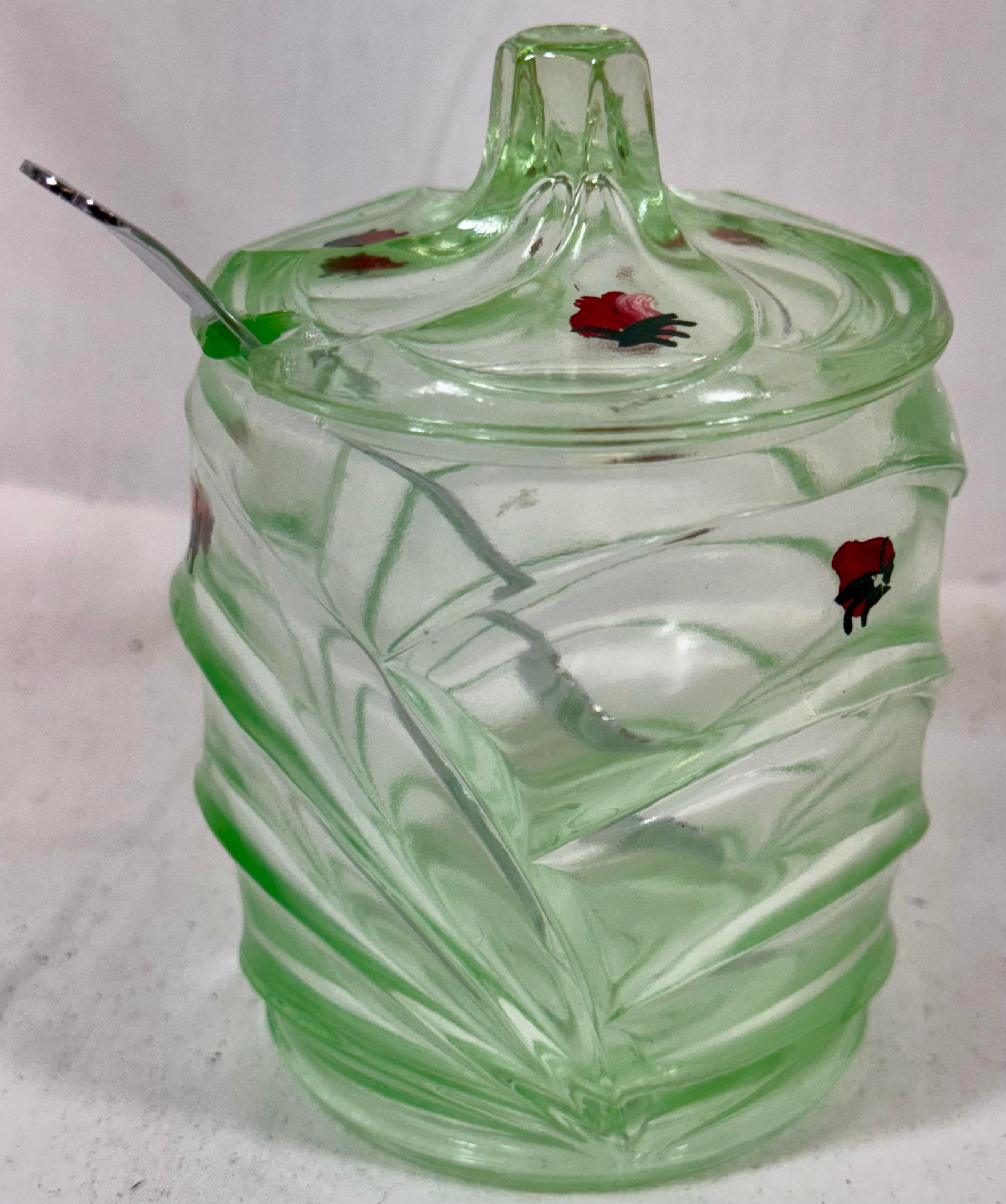 Vintage Art Deco Uranium Glass Lidded Jam Jar/ Mustard Pot With