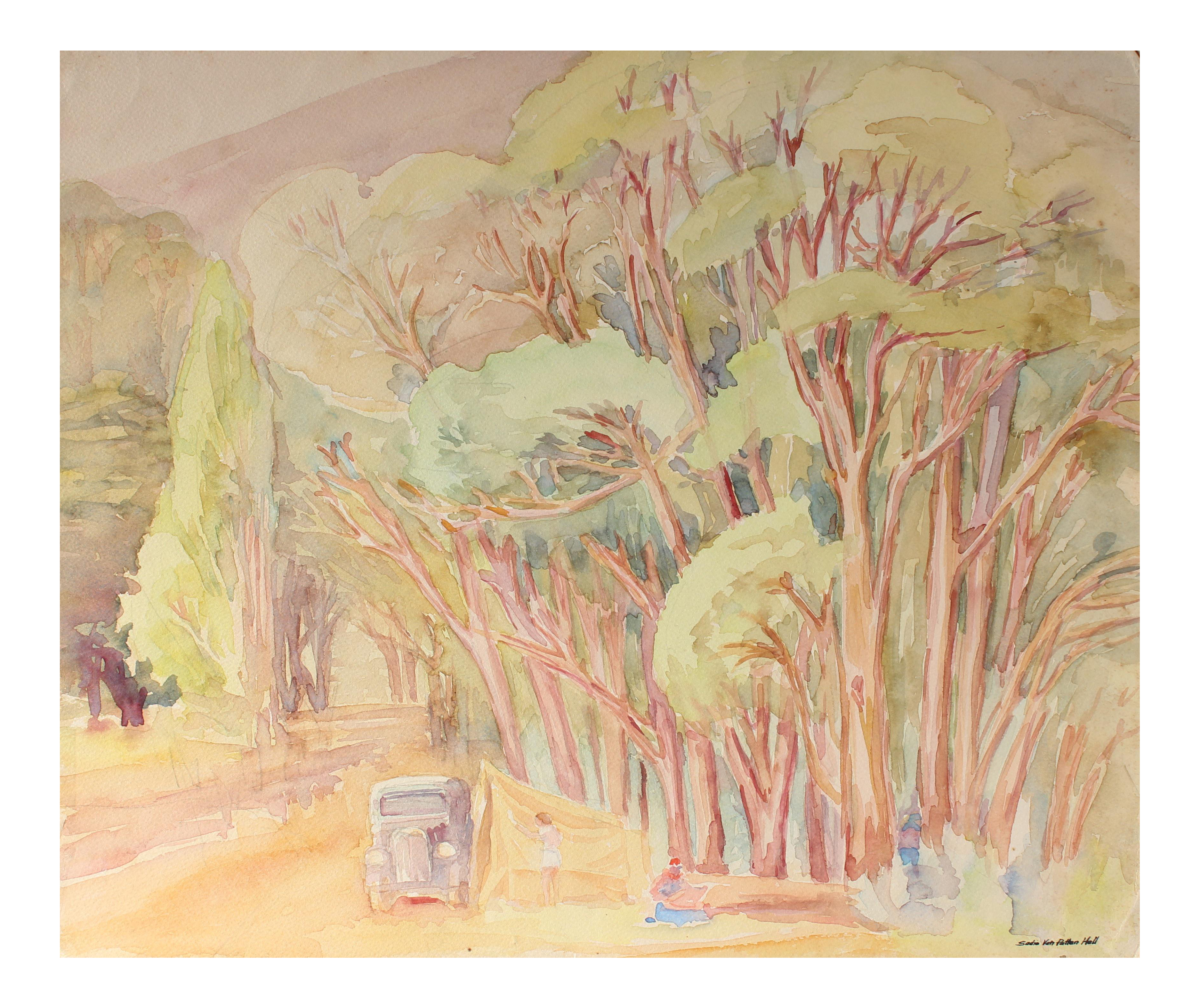 California Landscape With Eucalyptus Watercolor Painting Mid