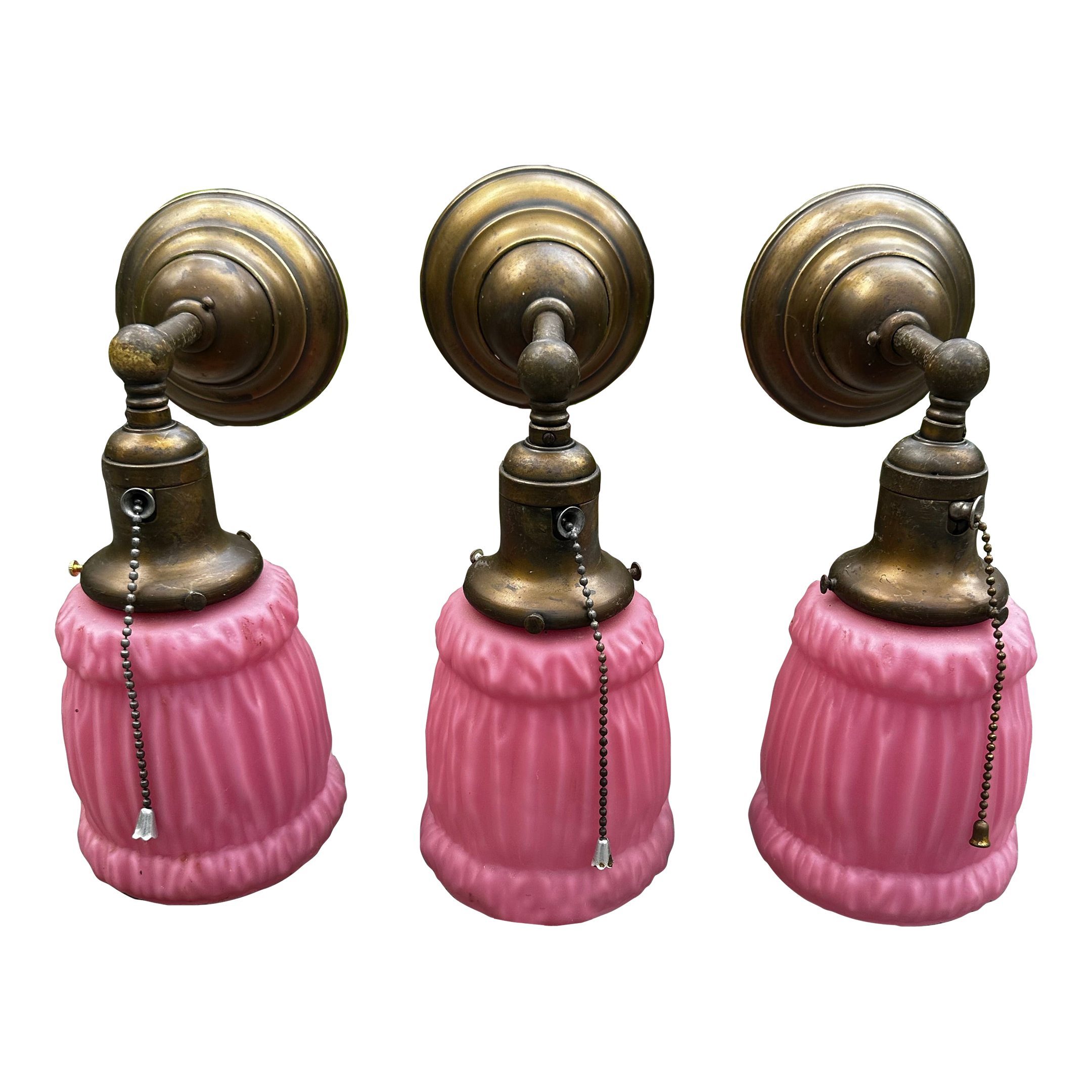 Set of Three Vintage Bradley and Hubbard Sconces With Vintage Linen Fold Shades