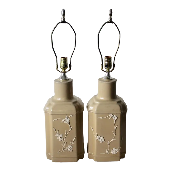 Novelty Crystal Corp Flower Over Beige Chinoiserie Ceramic Table Lamps