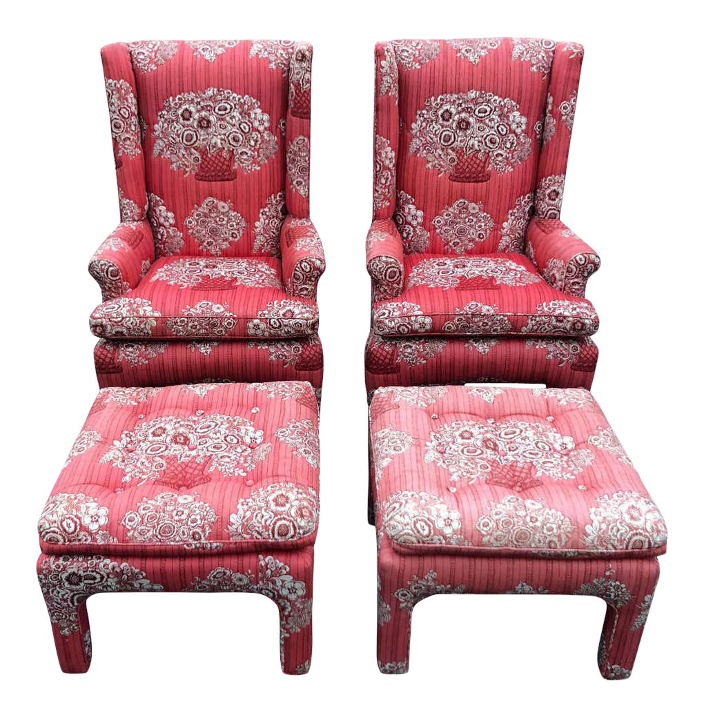 Pair of Petite Wing Back Chairs With Matching Ottomans Chairish