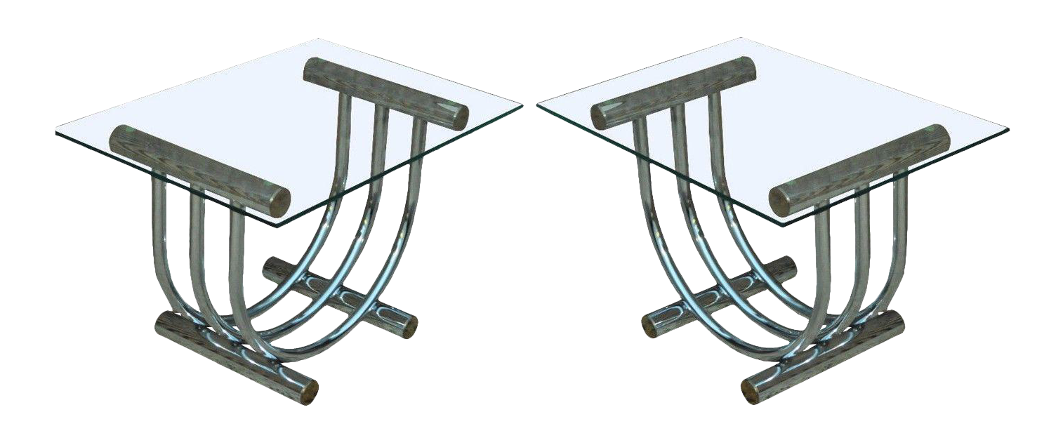 Vintage MidCentury Modern Chrome Brass Glass End Tables Romeo Rega