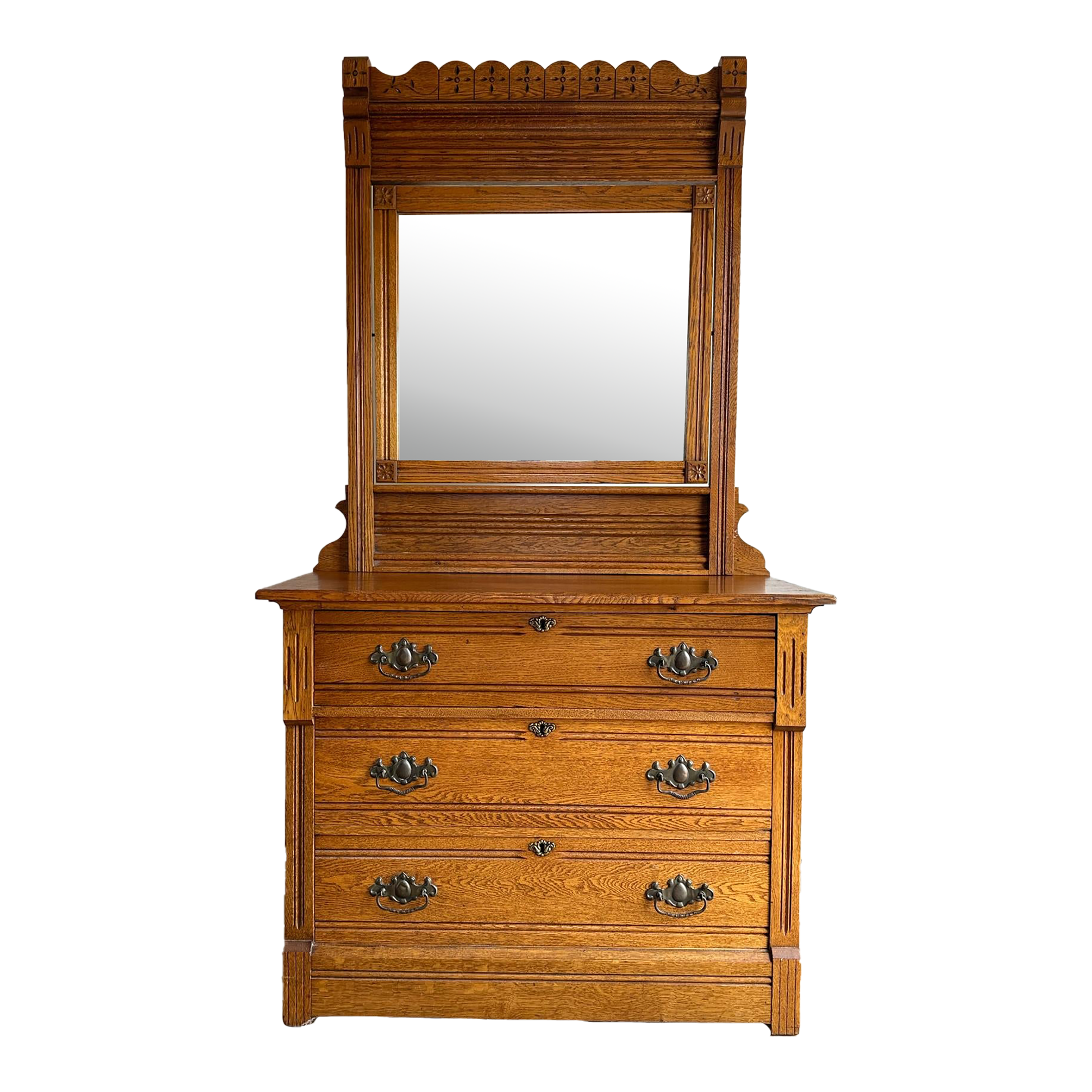 American Antique Oak Wood Eastlake 3 Drawer Dresser With Large