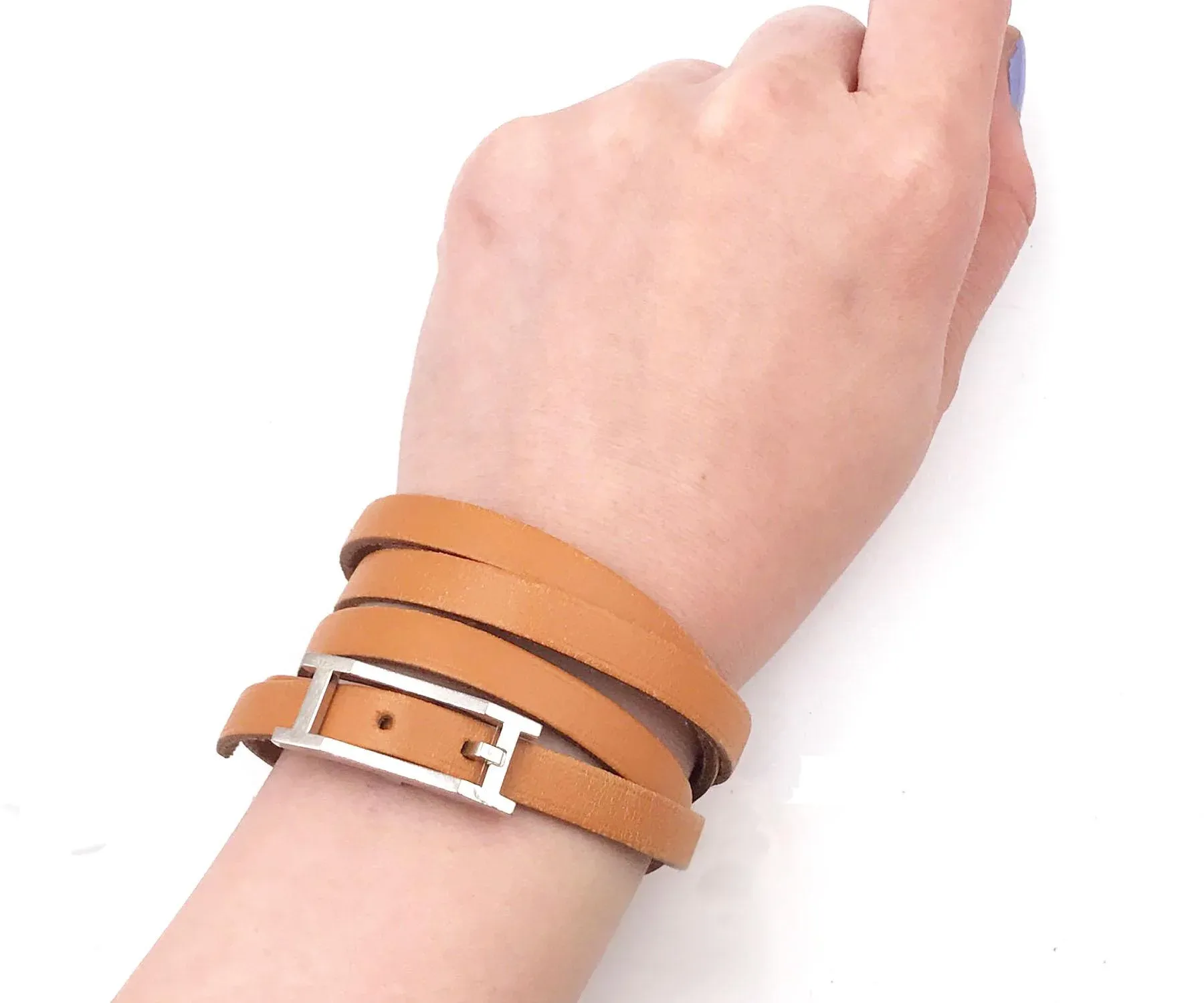Hermes Palladium H Belt Leather Wrap Bracelet | Chairish