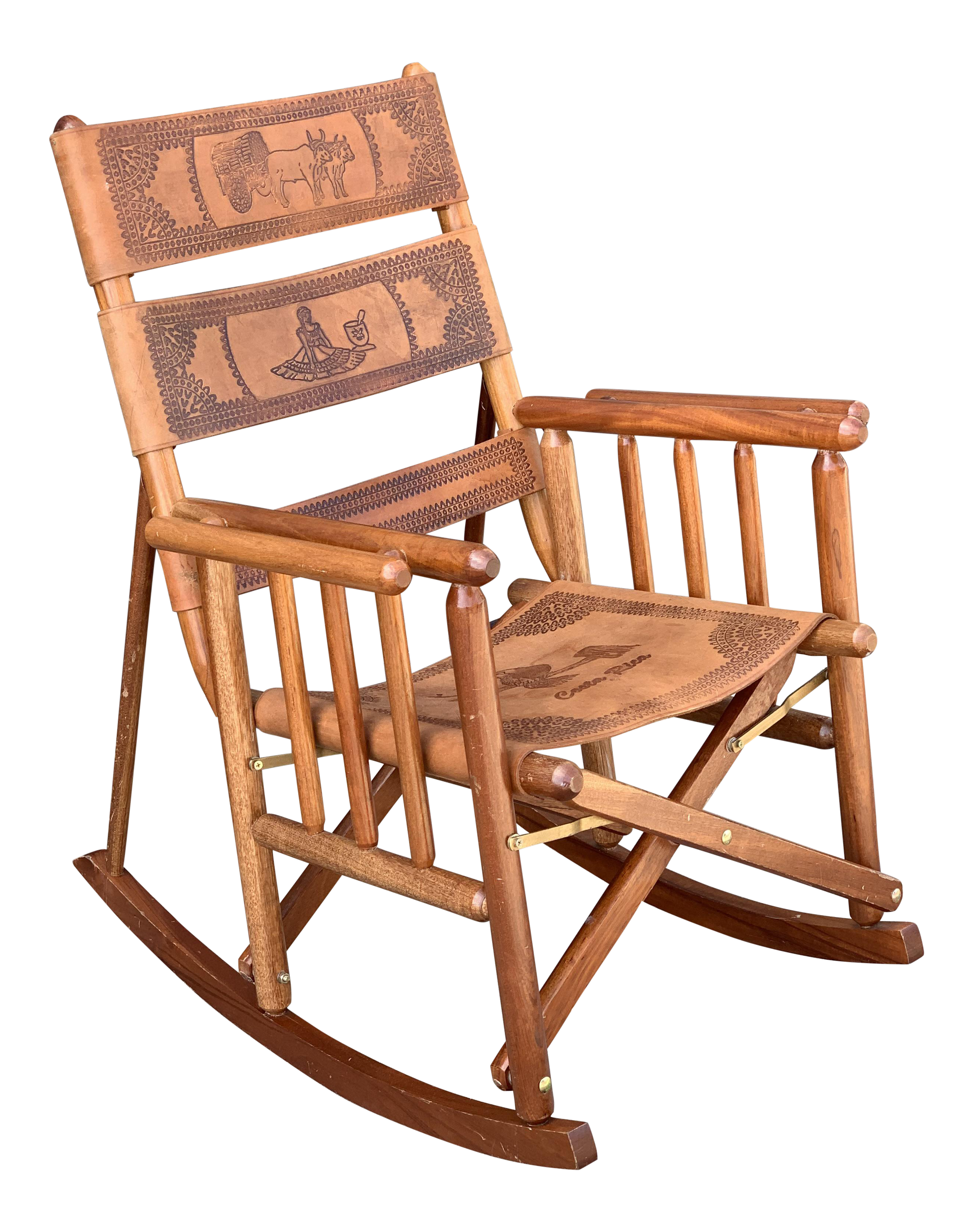 Mid Century Modern Costa Rican Leather Folding Rocking Chair