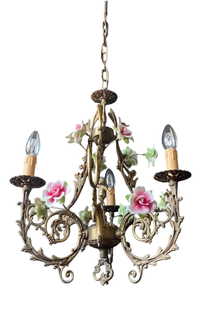 Antique Chandelier with Ceramic Roses, 1960s