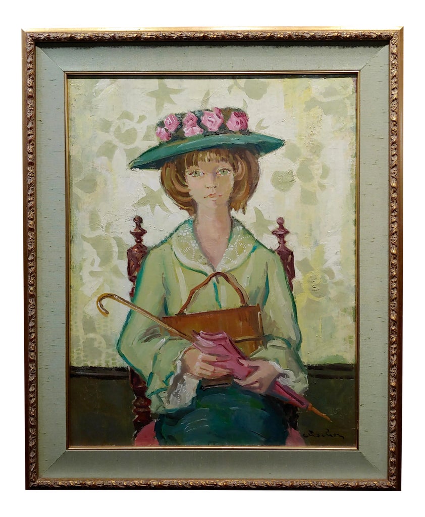 Andre Chochon -Portrait of a Big Green Eyes Girl in a Hat -Oil