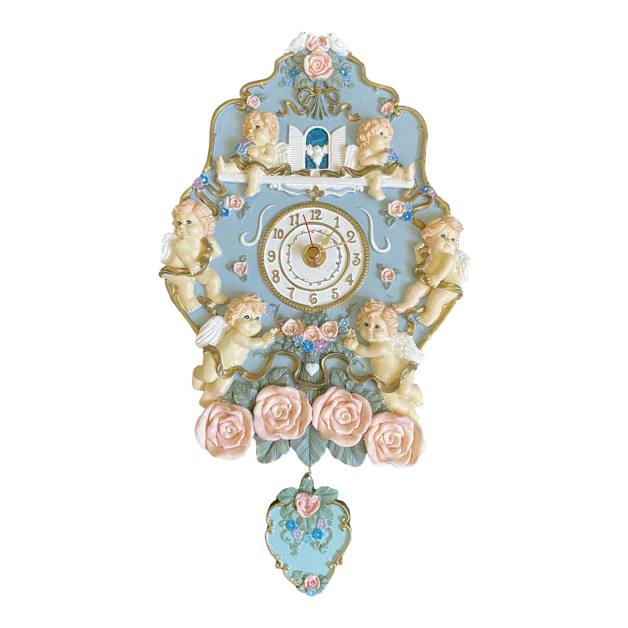 Vintage Handcrafted Cherubs and Roses Wall Clock With