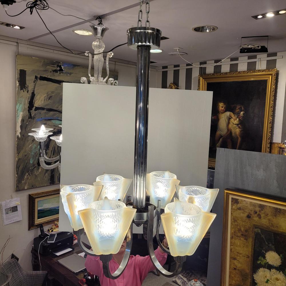 Pendant Light in Glass and Nickel-Plated Metal from Atelier Petitot Paris, 1930s