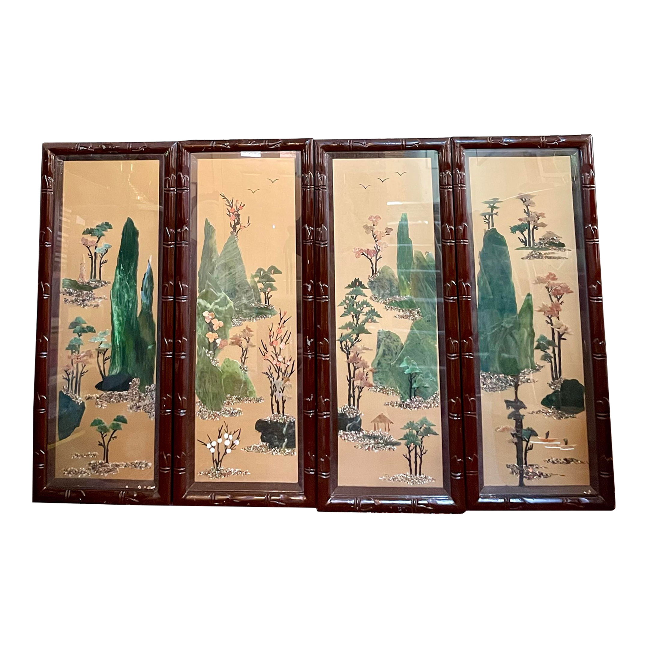 アート・デザイン・音楽 S. Marchant & Son Chinese Jades Lot - Vintage 4-Panel Chinese Jade & Hardstone Wall Art