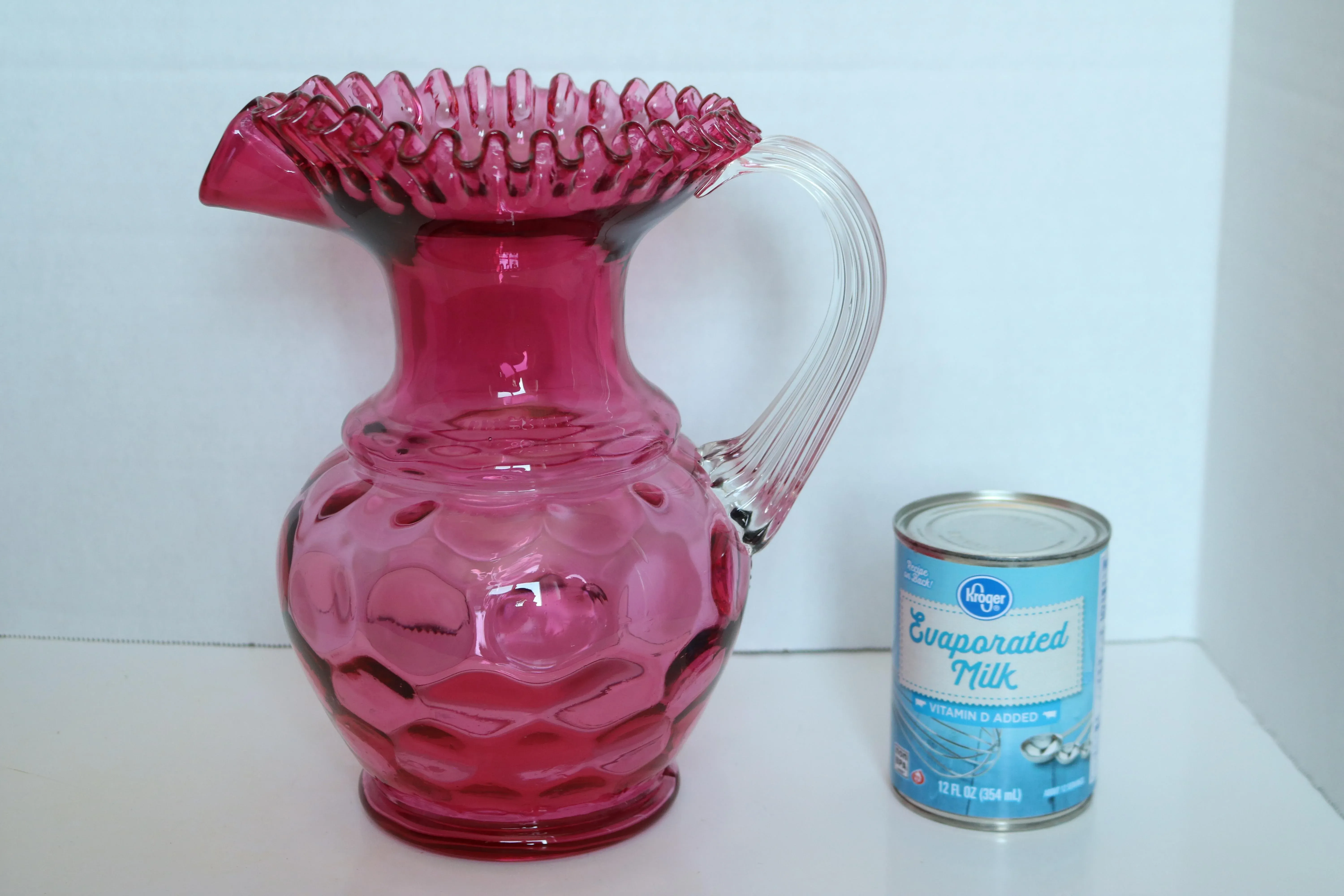 1970s Fenton Cranberry Glass Ruffled Edge Coin Dot Large Pitcher