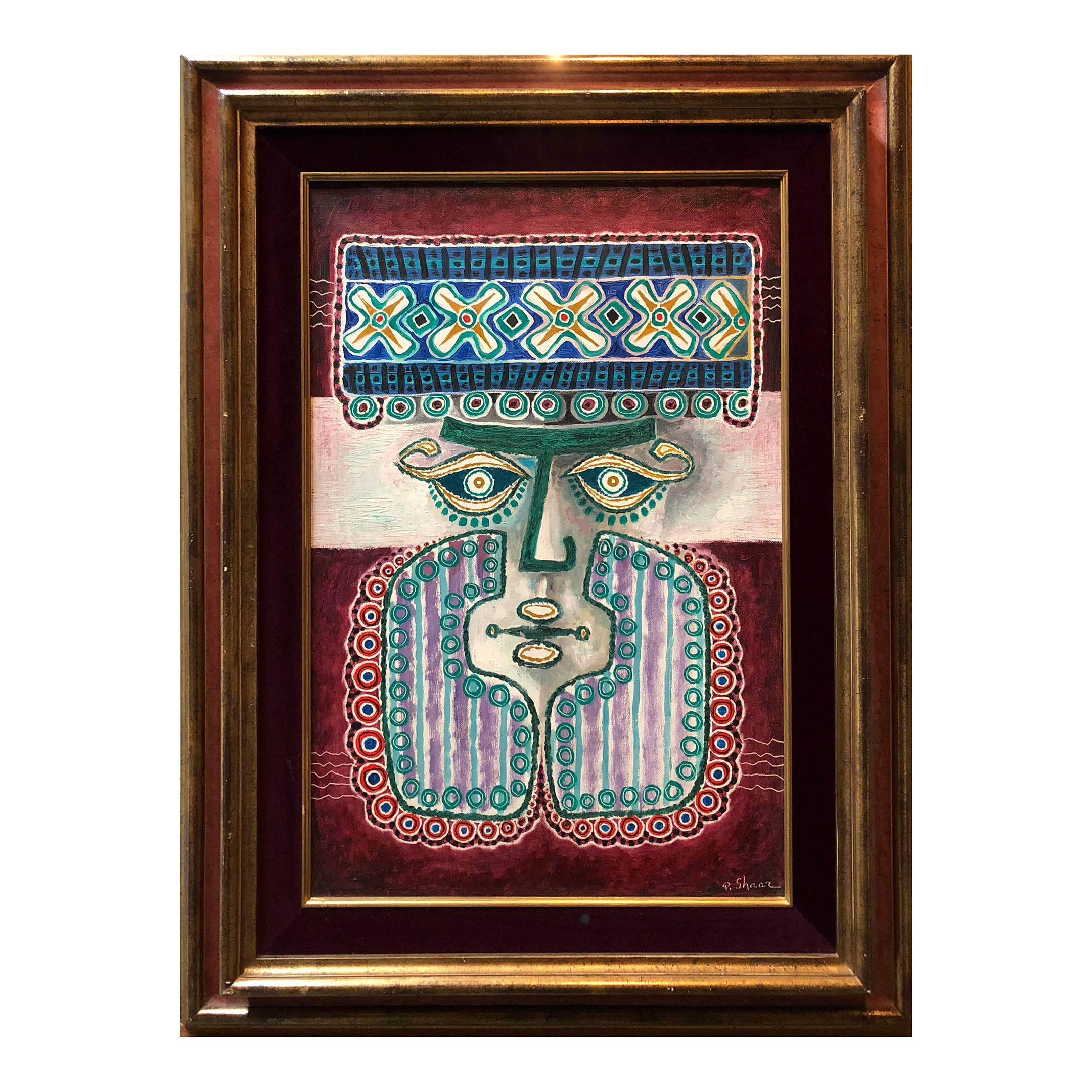 Pinchas ShaarBearded man, Jewish King or Rabbi Polish Israeli Folk Art Modernist Oil Painting, c.1960